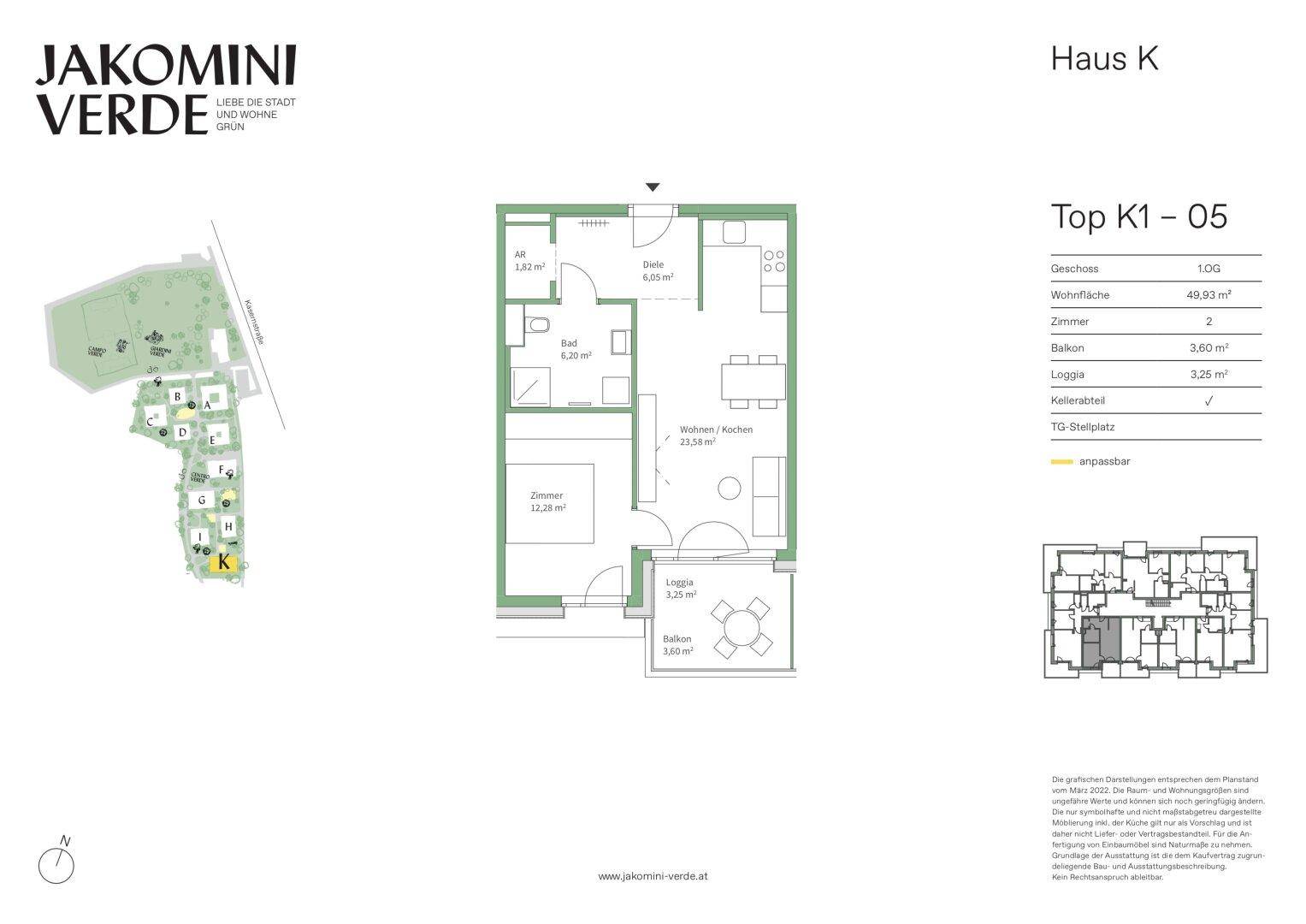Grundriss für eine Wohnung mit Wohn-/Küchenbereich, Schlafzimmer, Bad, Balkon und Loggia.