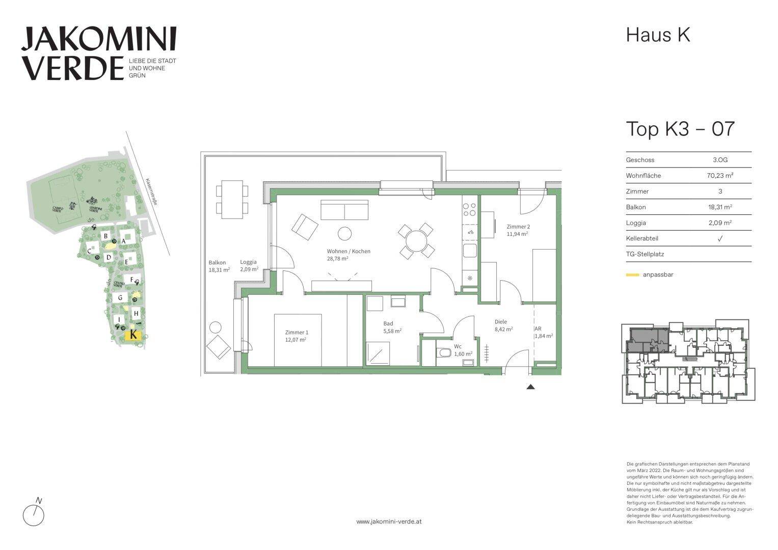 Detaillierter Grundriss einer Wohnung mit Balkon, Loggia und drei Zimmern, inklusive Kellerabteil.