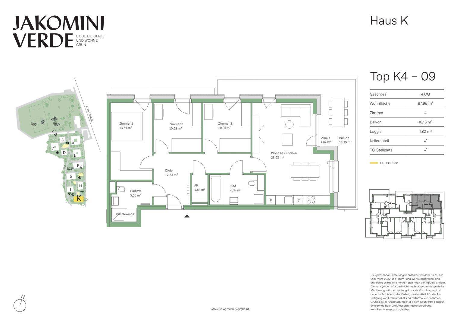 Grundriss der Wohnung Top K4-09 mit offenem Wohn-/Kochbereich, drei Zimmern, zwei Bädern sowie Balkon und Loggia.