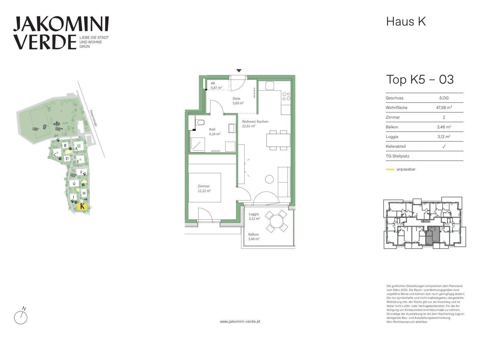 Grundriss der Wohnung Top K5-03 mit zwei Zimmern, Balkon und Loggia.