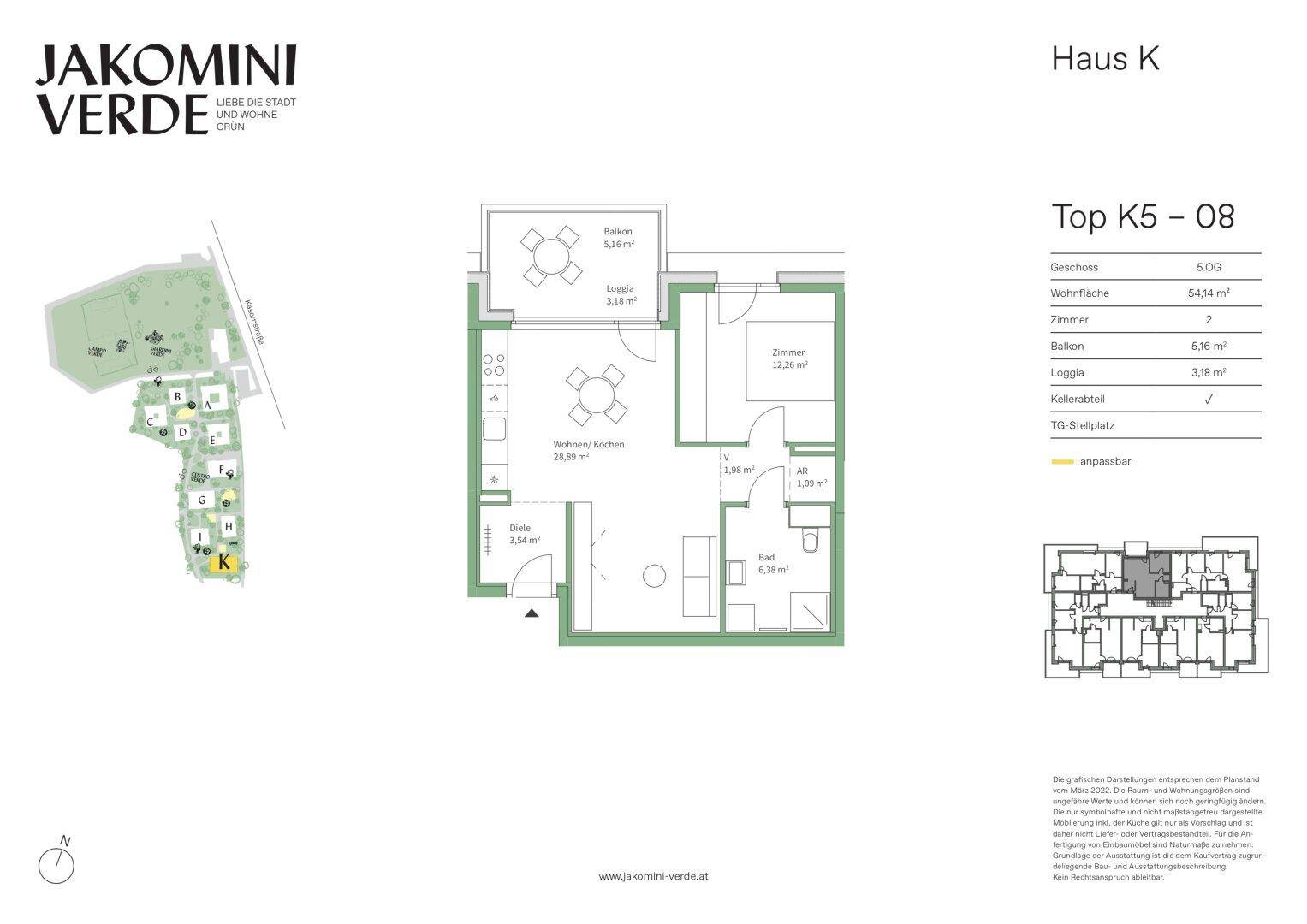 Grundriss der Wohnung Top K5-08 mit Balkon, Loggia und offener Wohnküche, zeigt eine effiziente Raumaufteilung.