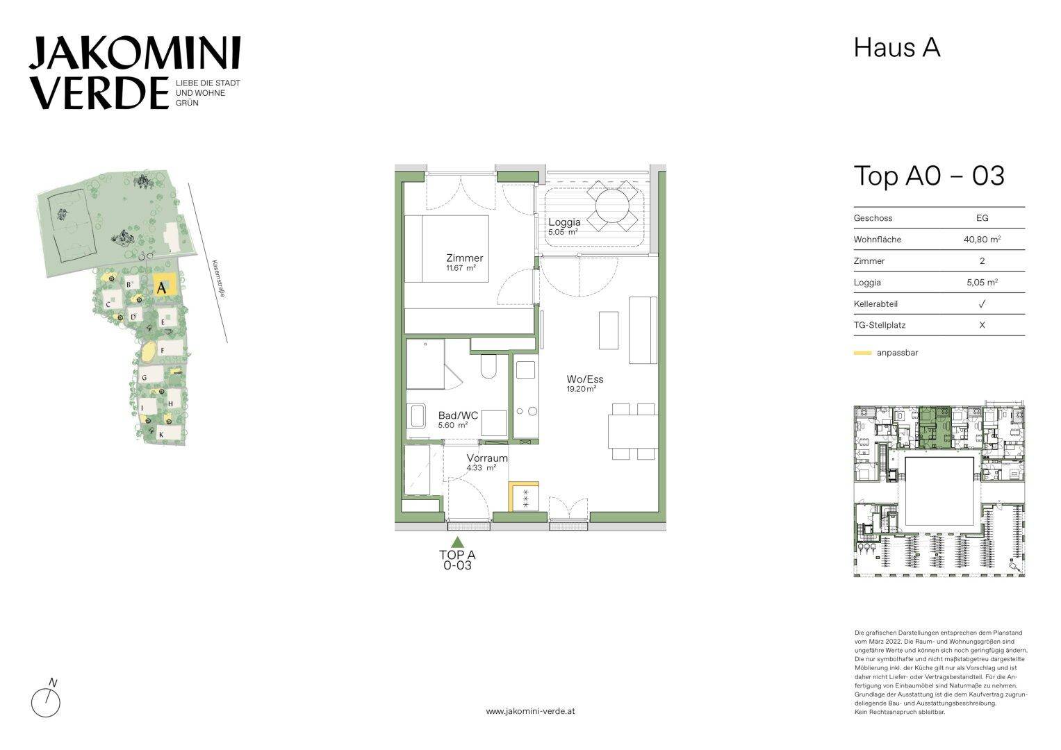Grundriss der Wohnung Top A-03 mit Loggia und offenem Wohn-/Essbereich.