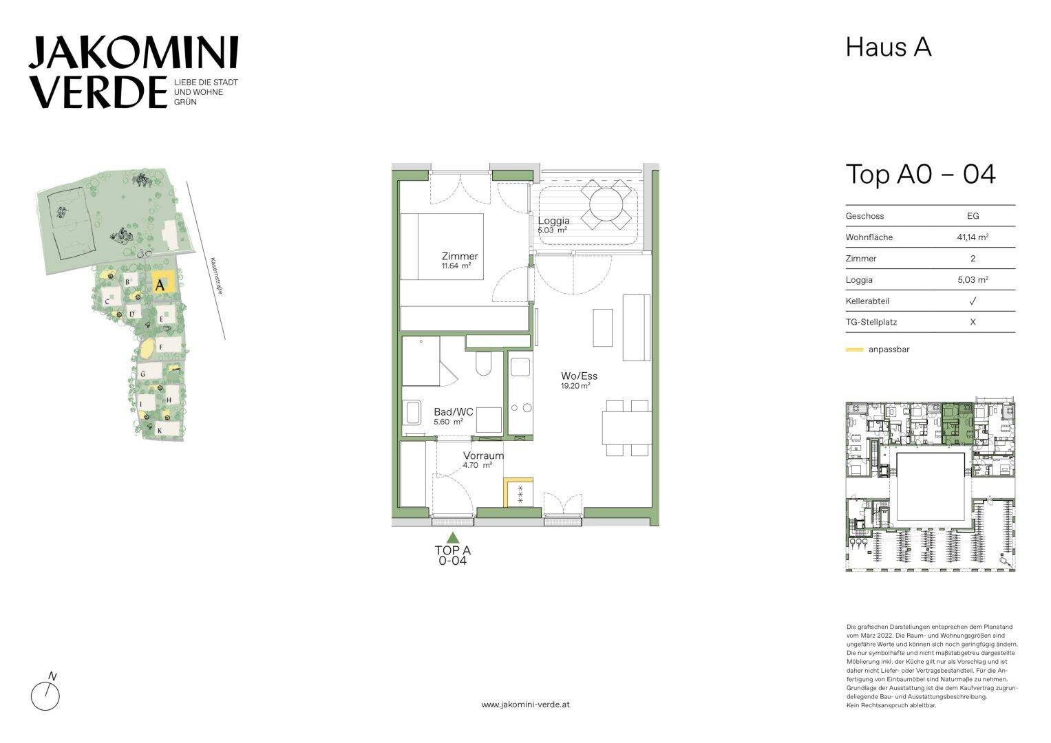 Grundriss der Wohnung Top A0-04 mit Loggia und offenem Wohn-/Essbereich.