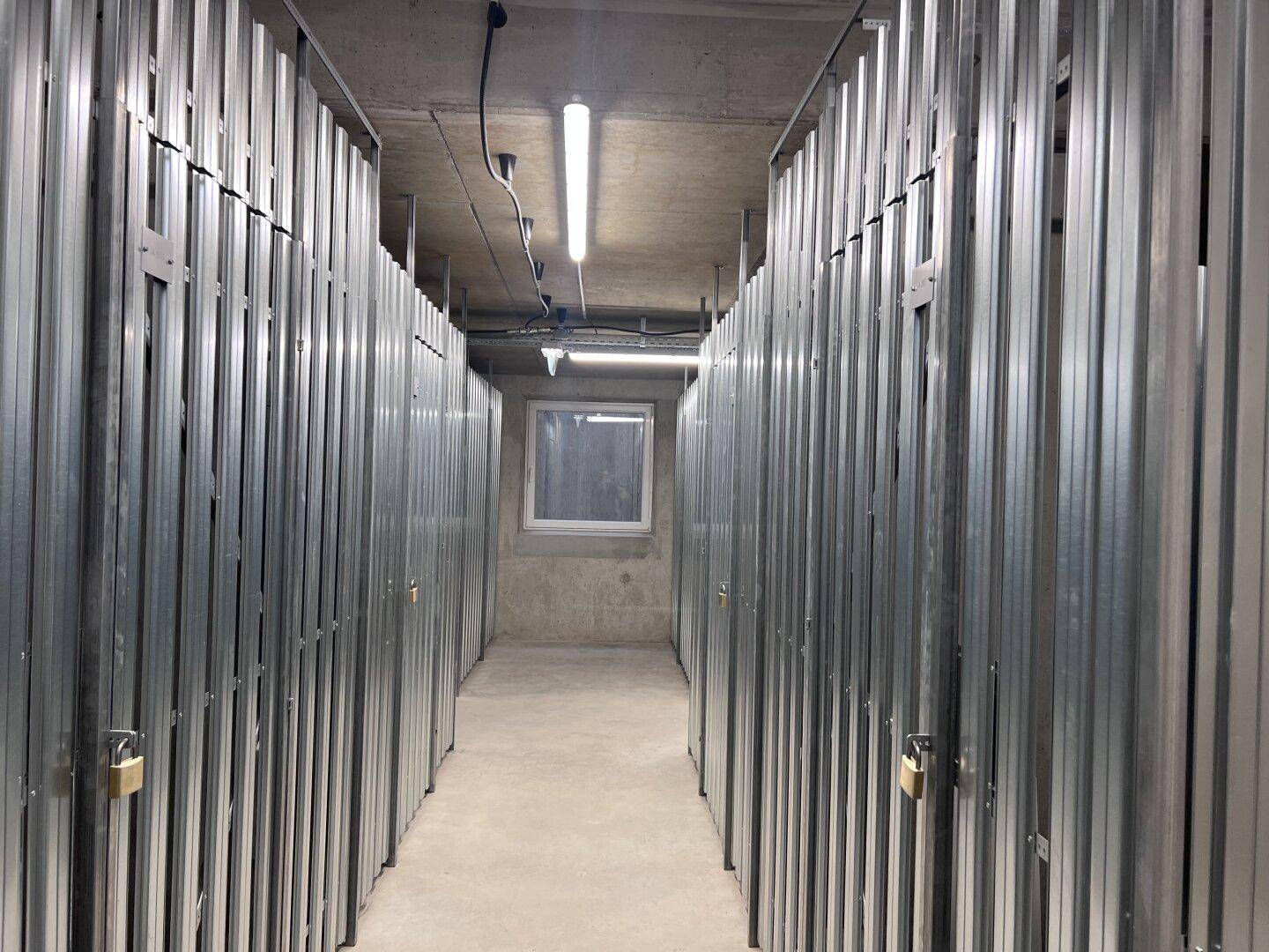 Geräumiger Abstellraum im Untergeschoss mit individuellen Lagerabteilen und Fenster.