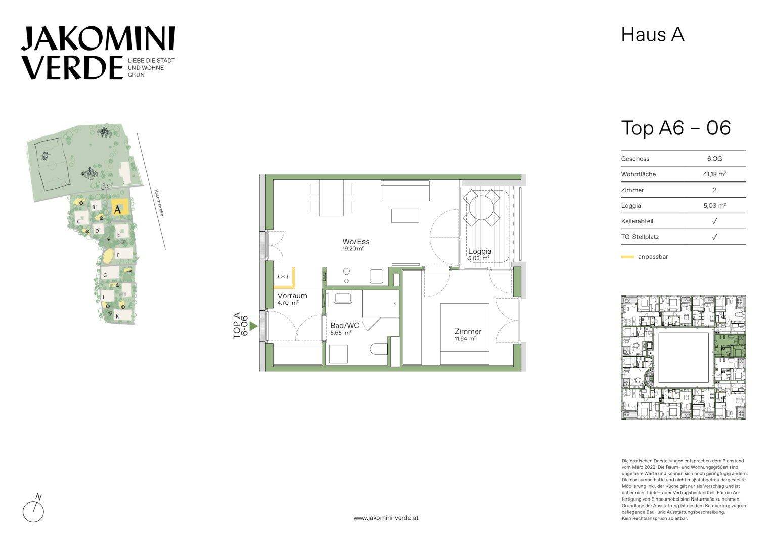 Detaillierter Grundriss der Wohnung Top A6-06 mit Wohn-/Essbereich, Zimmer und Loggia.