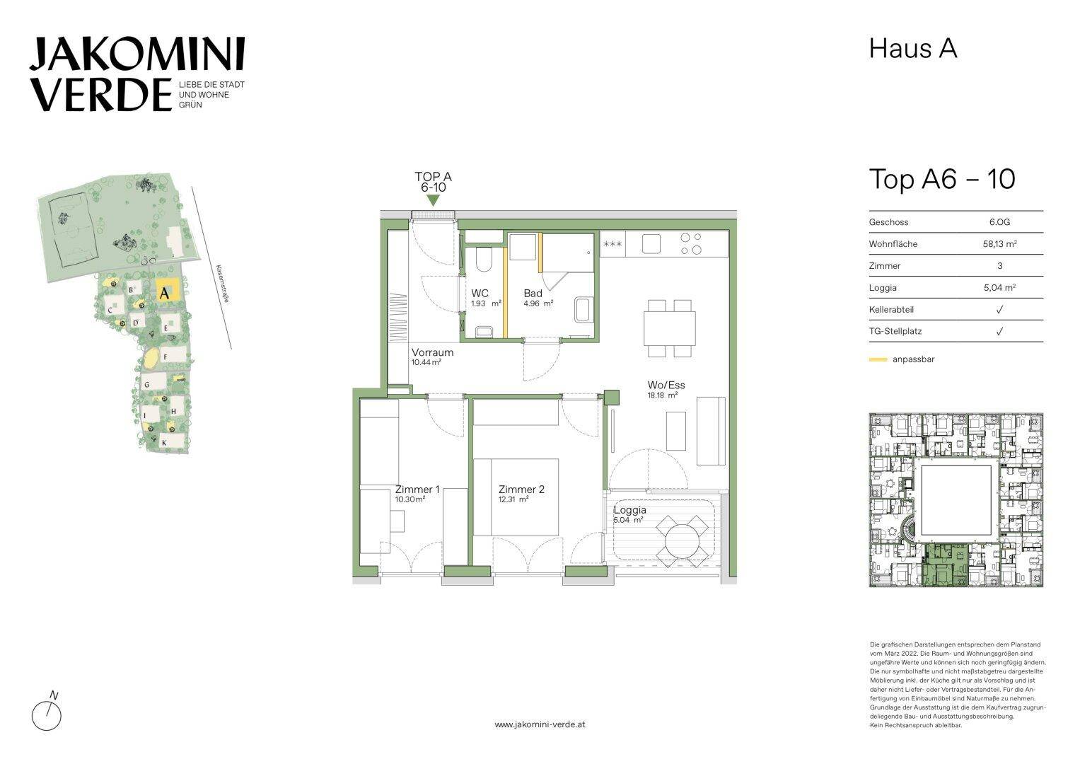 Detaillierter Grundriss der Wohnung Top A6-10 mit zwei Zimmern, Bad und Loggia.