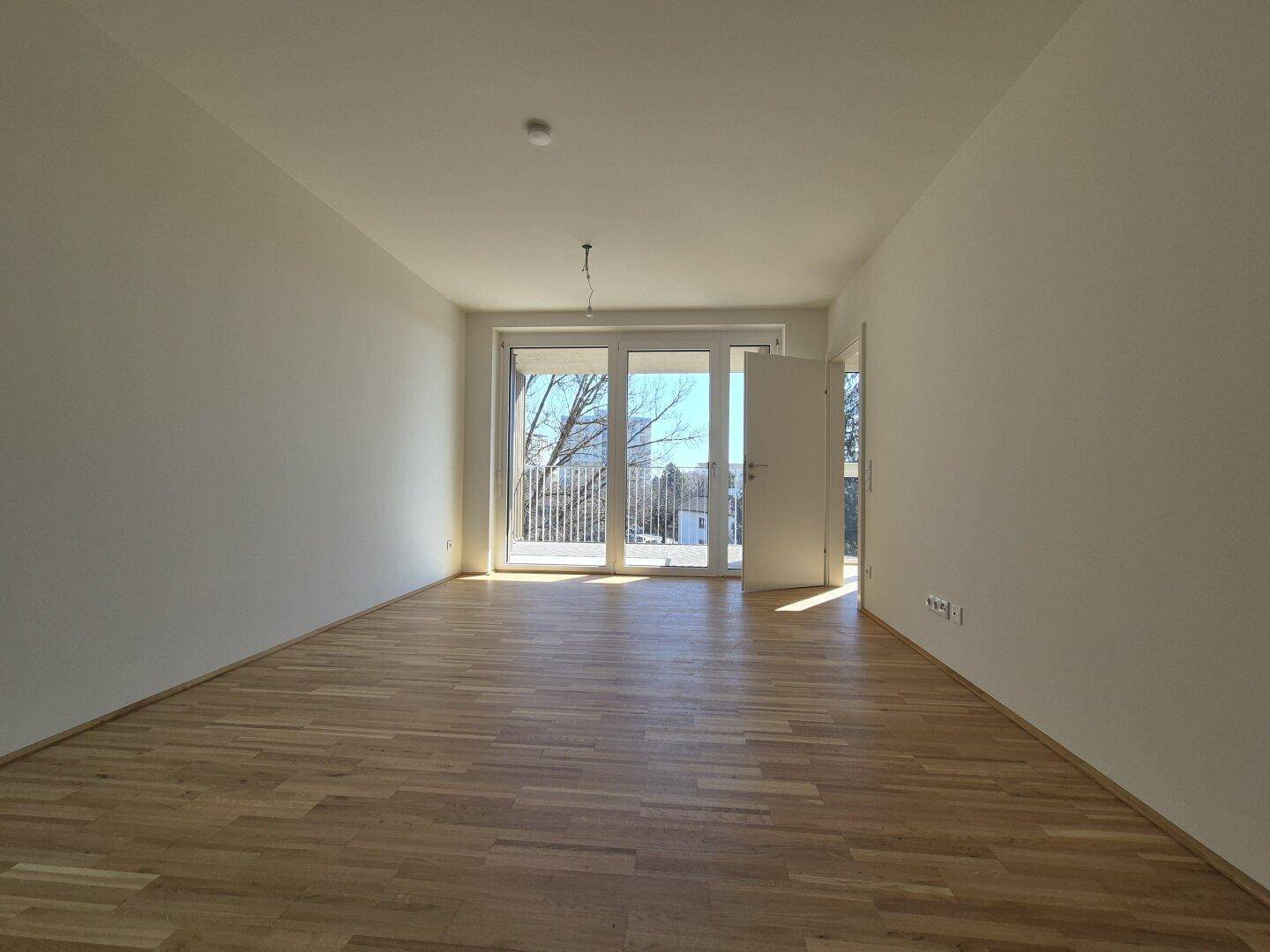 Heller Wohnraum mit Parkettboden und Zugang zu einem sonnigen Balkon.