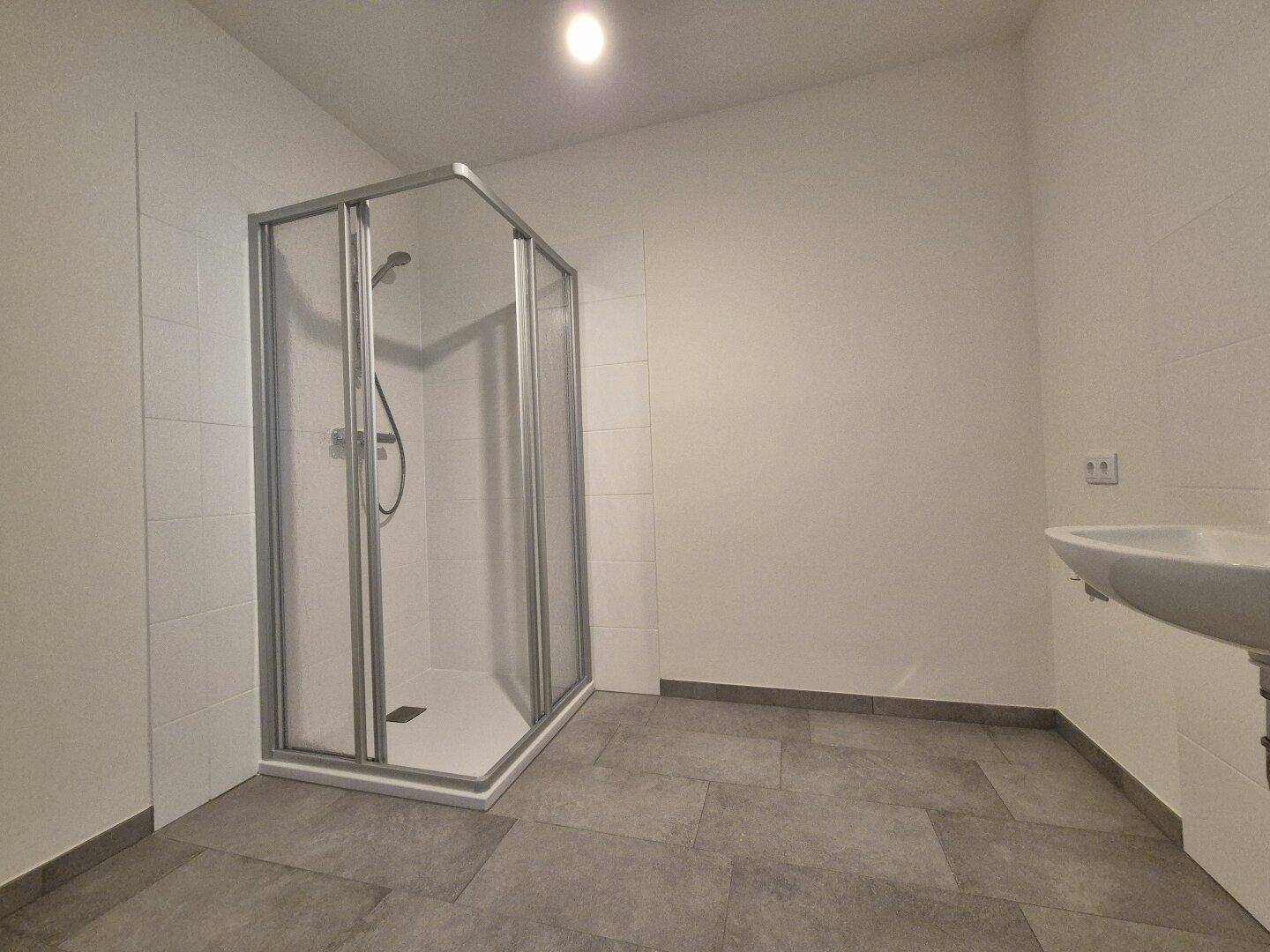 Modernes Badezimmer mit Duschkabine, Waschbecken und grauen Fliesen, in neuwertigem Zustand.
