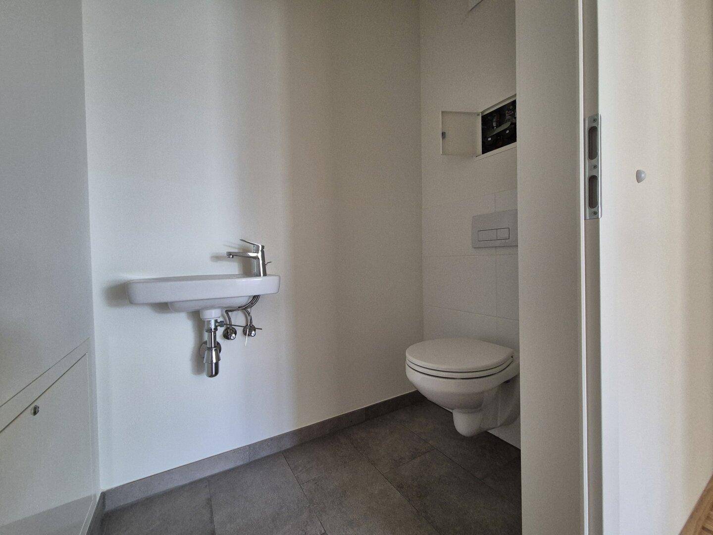 Kleines Gäste-WC mit wandhängender Toilette und Handwaschbecken, ausgestattet mit modernen Fliesen.