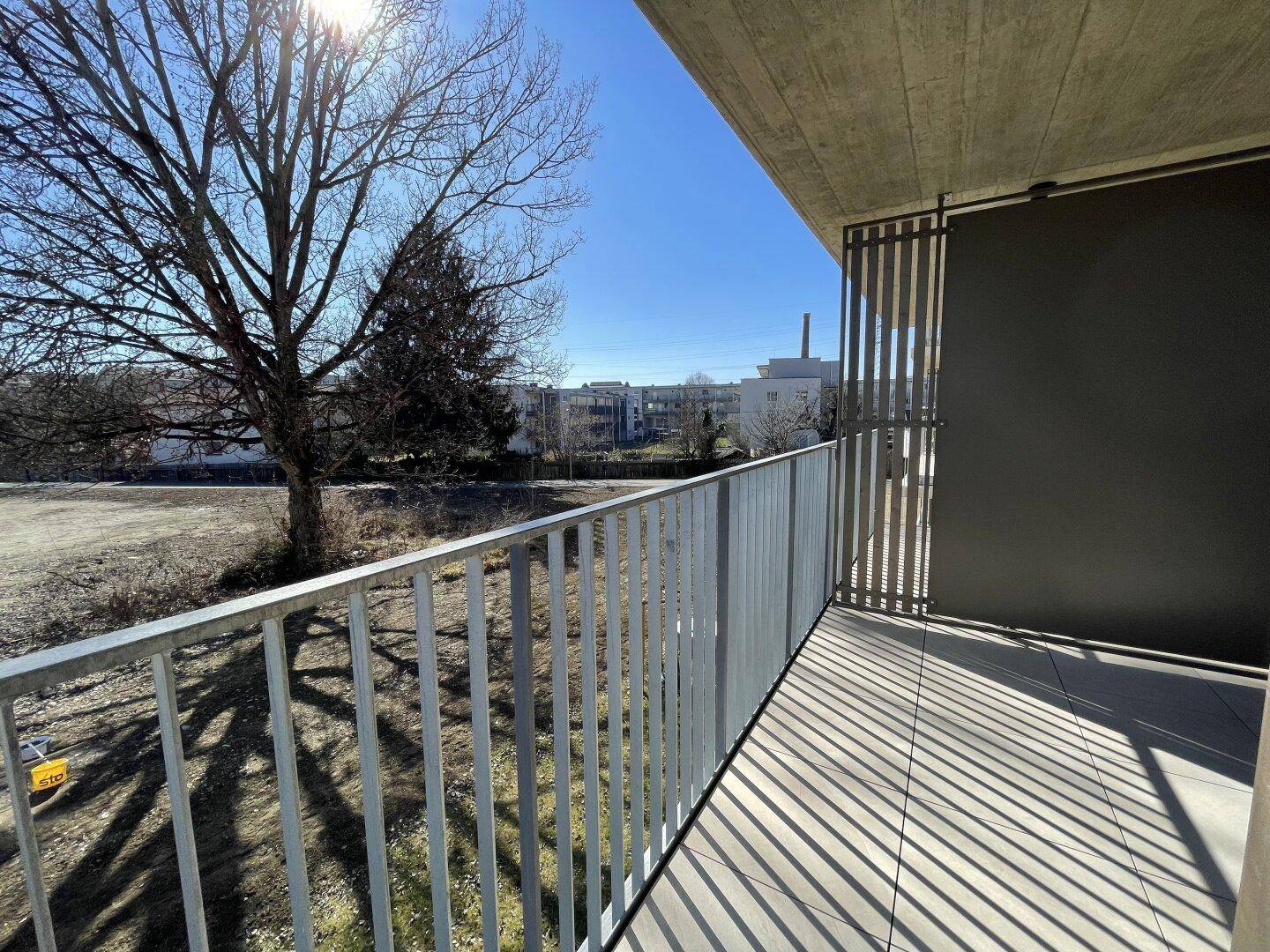 Sonniger Balkon mit Fliesenboden und Blick auf einen großen Baum sowie eine grüne Wiese.