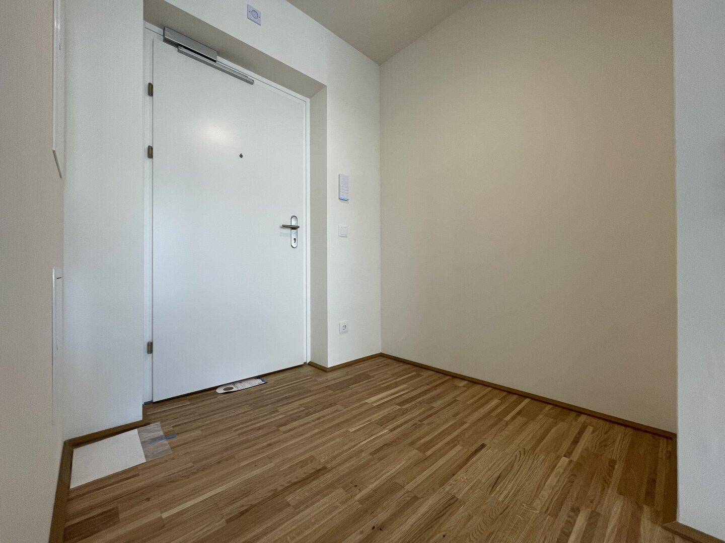Heller Eingangsbereich mit Holzboden und weißer Tür, bereit zur individuellen Gestaltung.