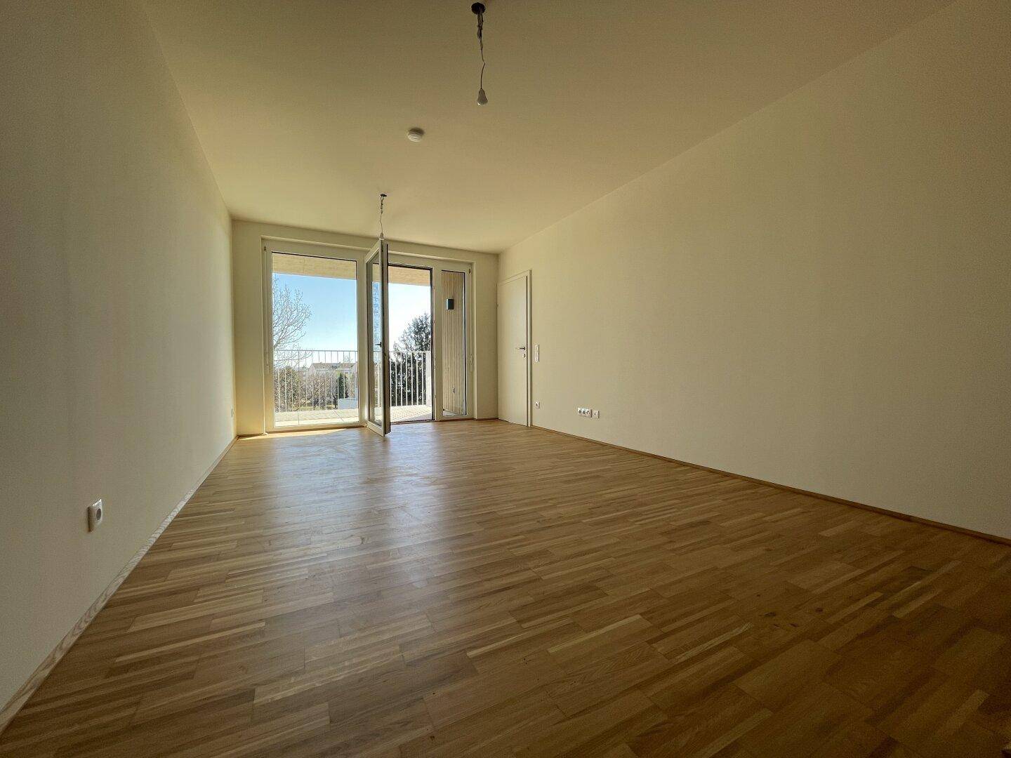 Helles, leeres Zimmer mit Eichenparkettboden und Zugang zu einem Balkon.