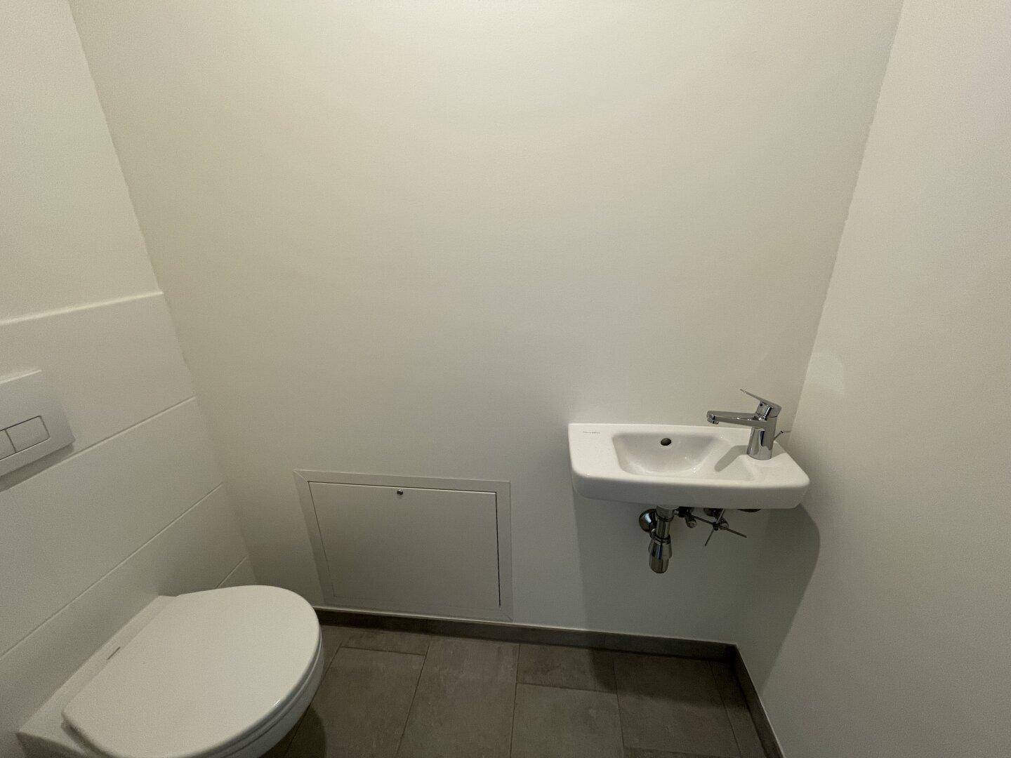 Kleines Gäste-WC mit wandhängender Toilette und kompaktem Waschbecken.