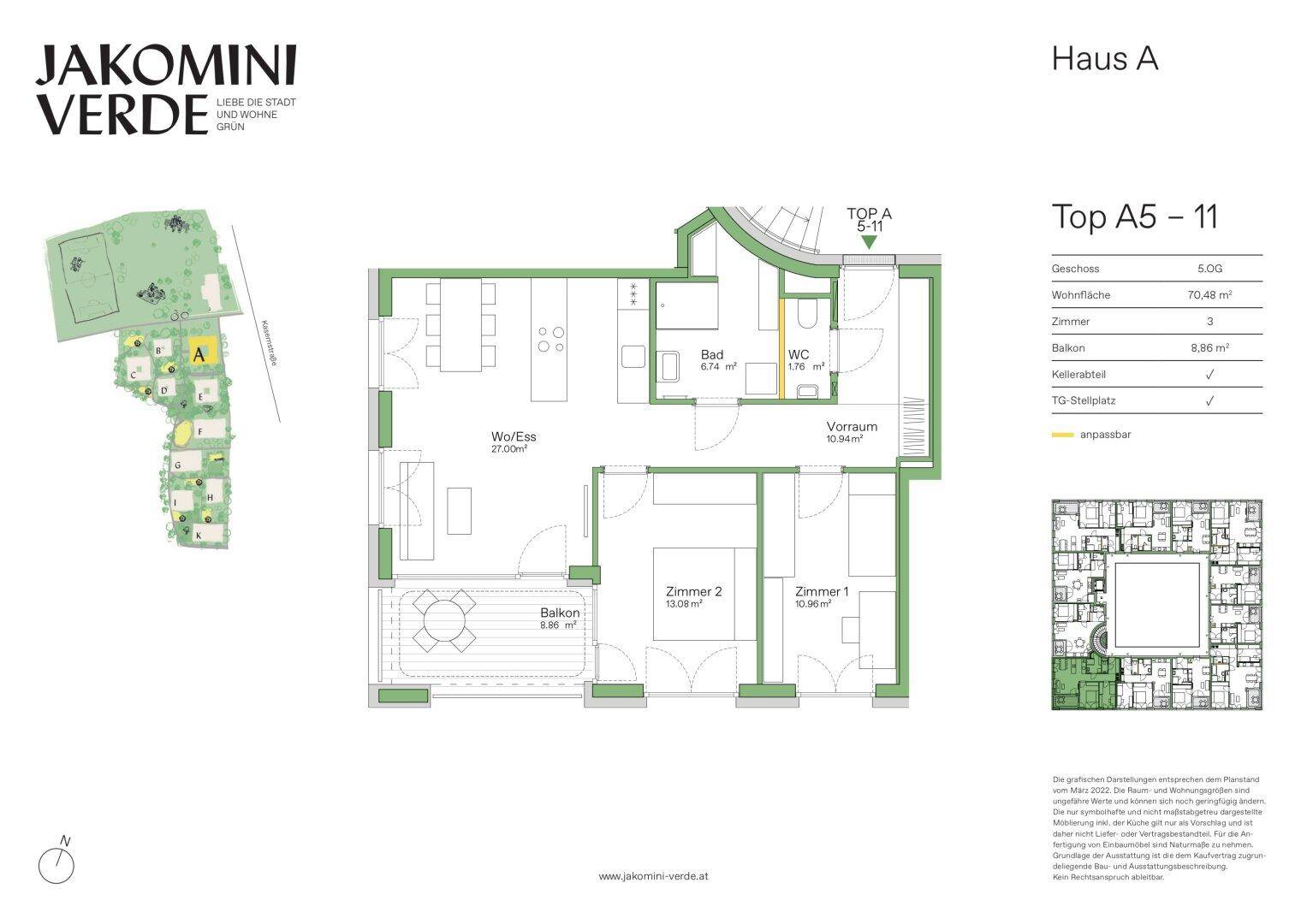 Detaillierter Grundriss der Wohnung Top A5-11 mit Balkon und drei Zimmern.