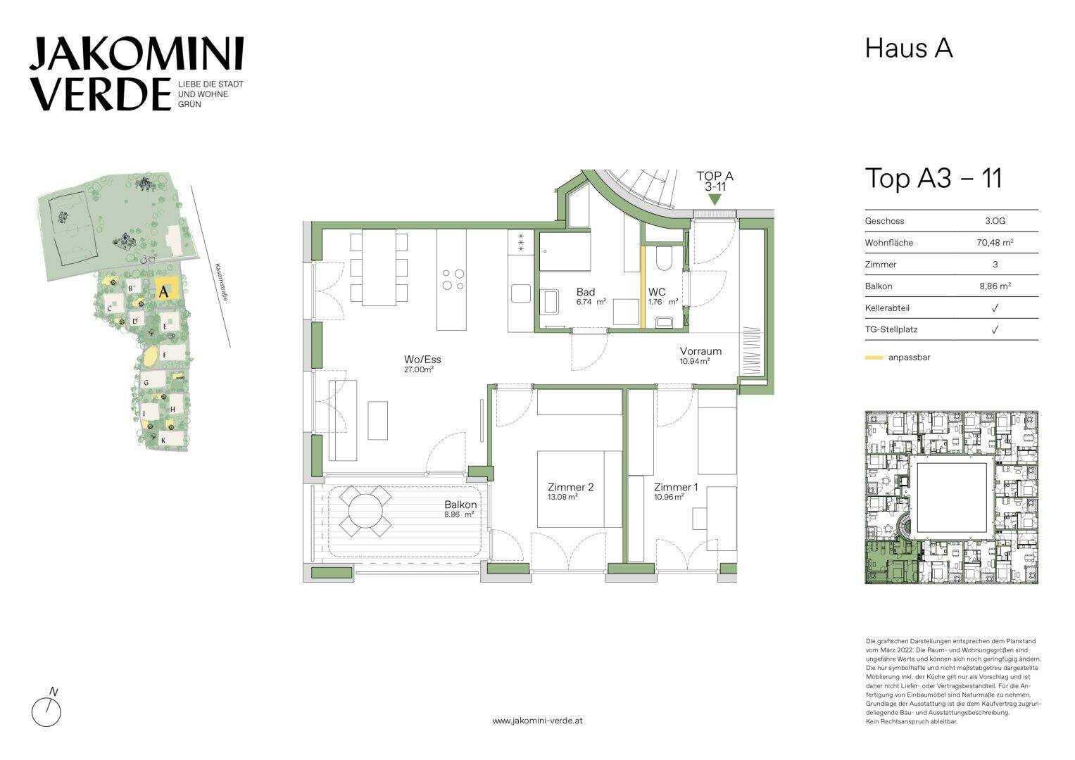 Grundriss der Wohnung Top A3-11 mit offenem Wohnbereich, zwei Schlafzimmern und Balkon.