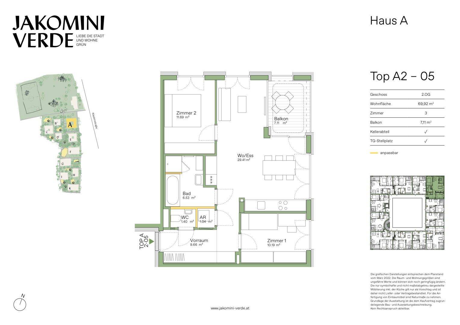 Grundriss der Wohnung Top A2-05 mit drei Zimmern, Balkon und separatem WC.