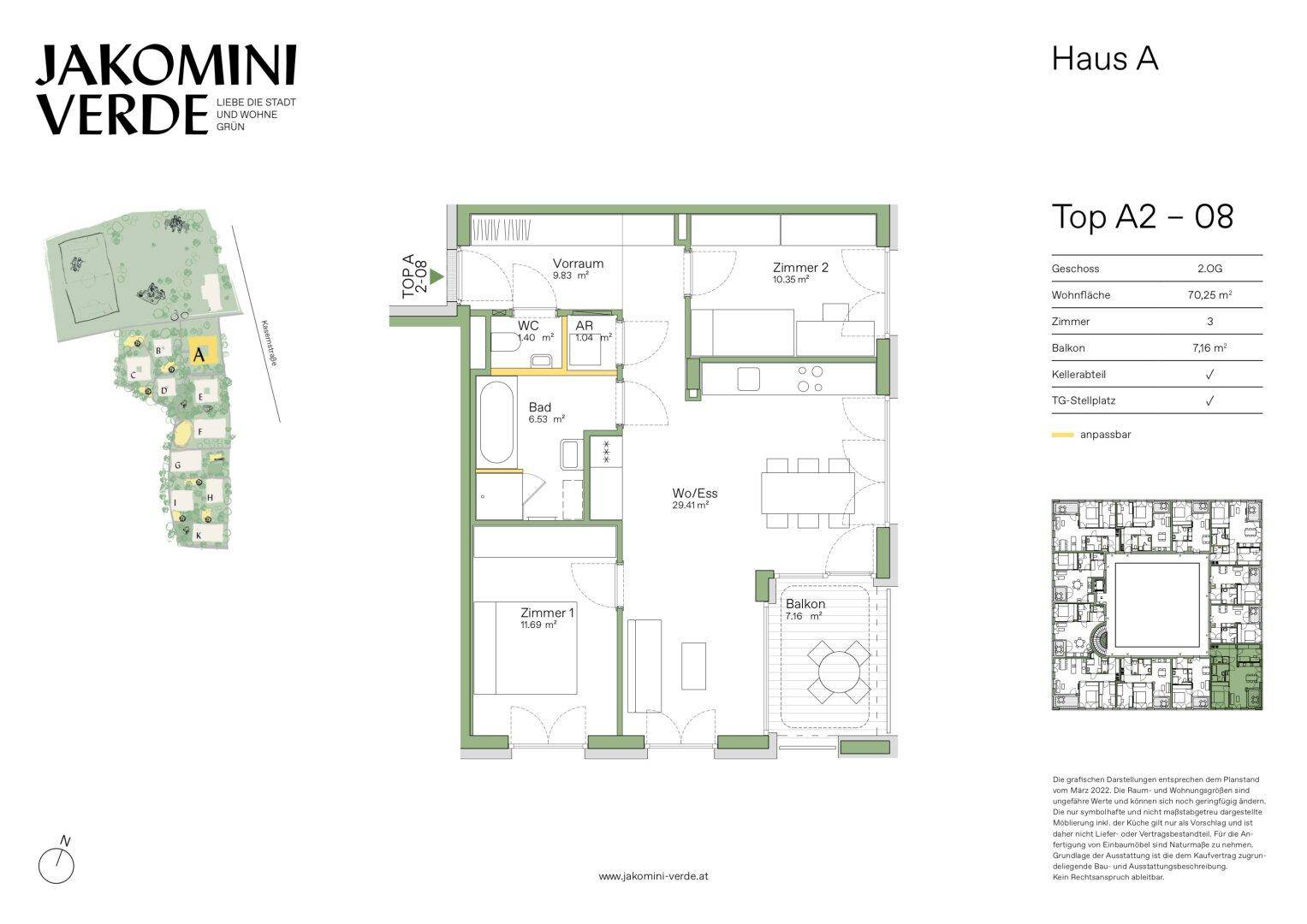 Detaillierter Grundriss einer Wohnung mit drei Zimmern, Balkon und separatem WC.
