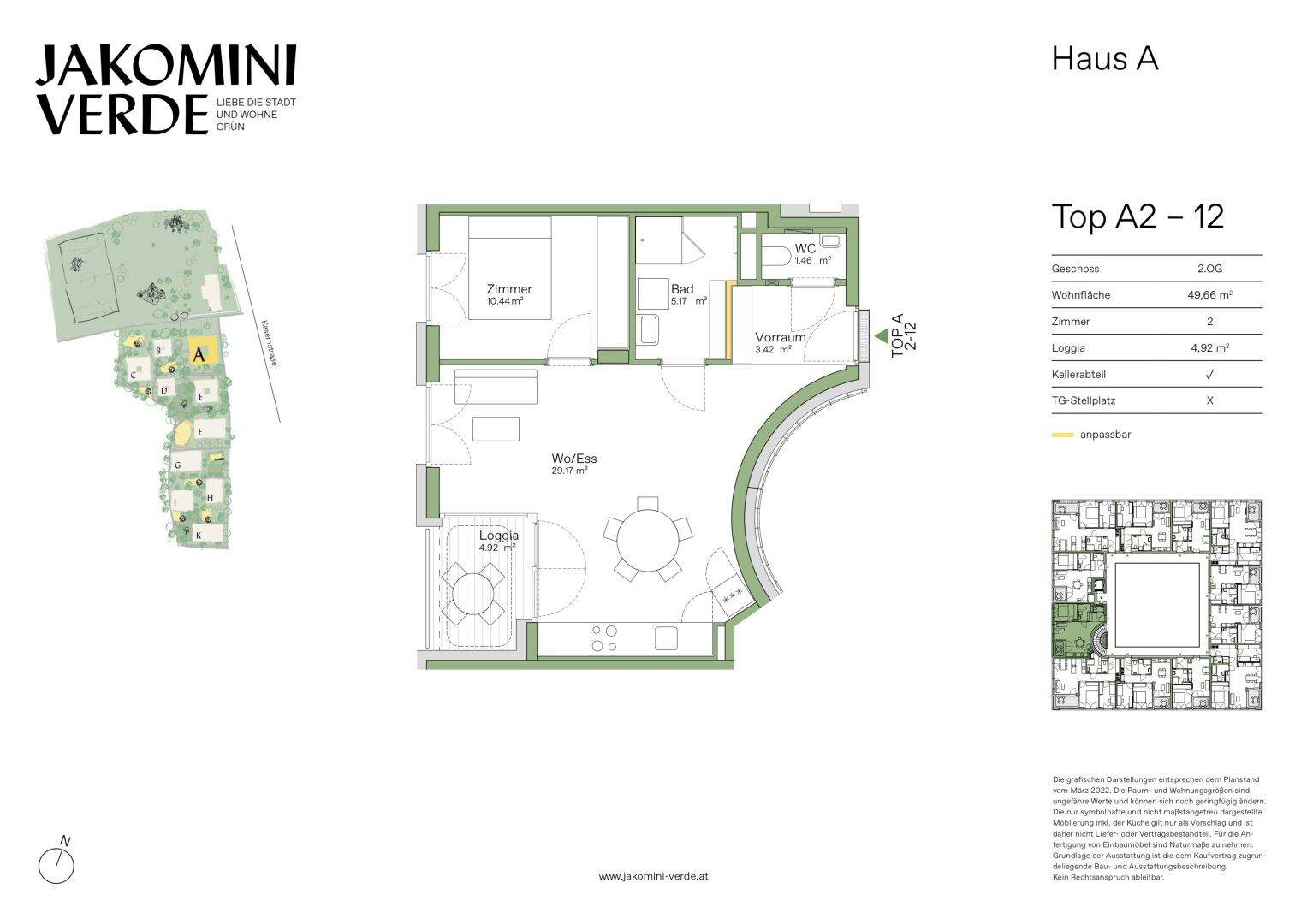 Grundriss einer Wohnung mit zwei Zimmern, Loggia und separatem WC.