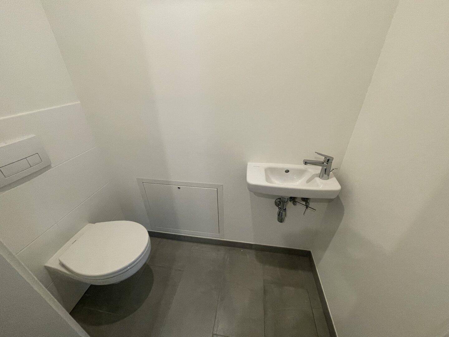 Modernes Gäste-WC mit wandhängender Toilette, kleinem Waschbecken und grauen Fliesen.