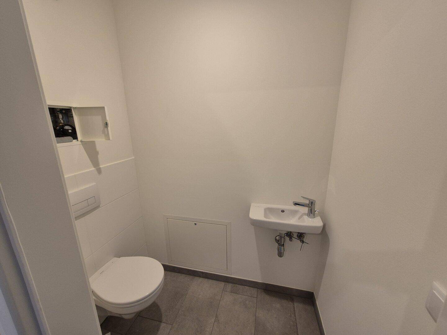 Modernes Gäste-WC mit Wand-WC, kleinem Waschbecken und grauen Fliesen.