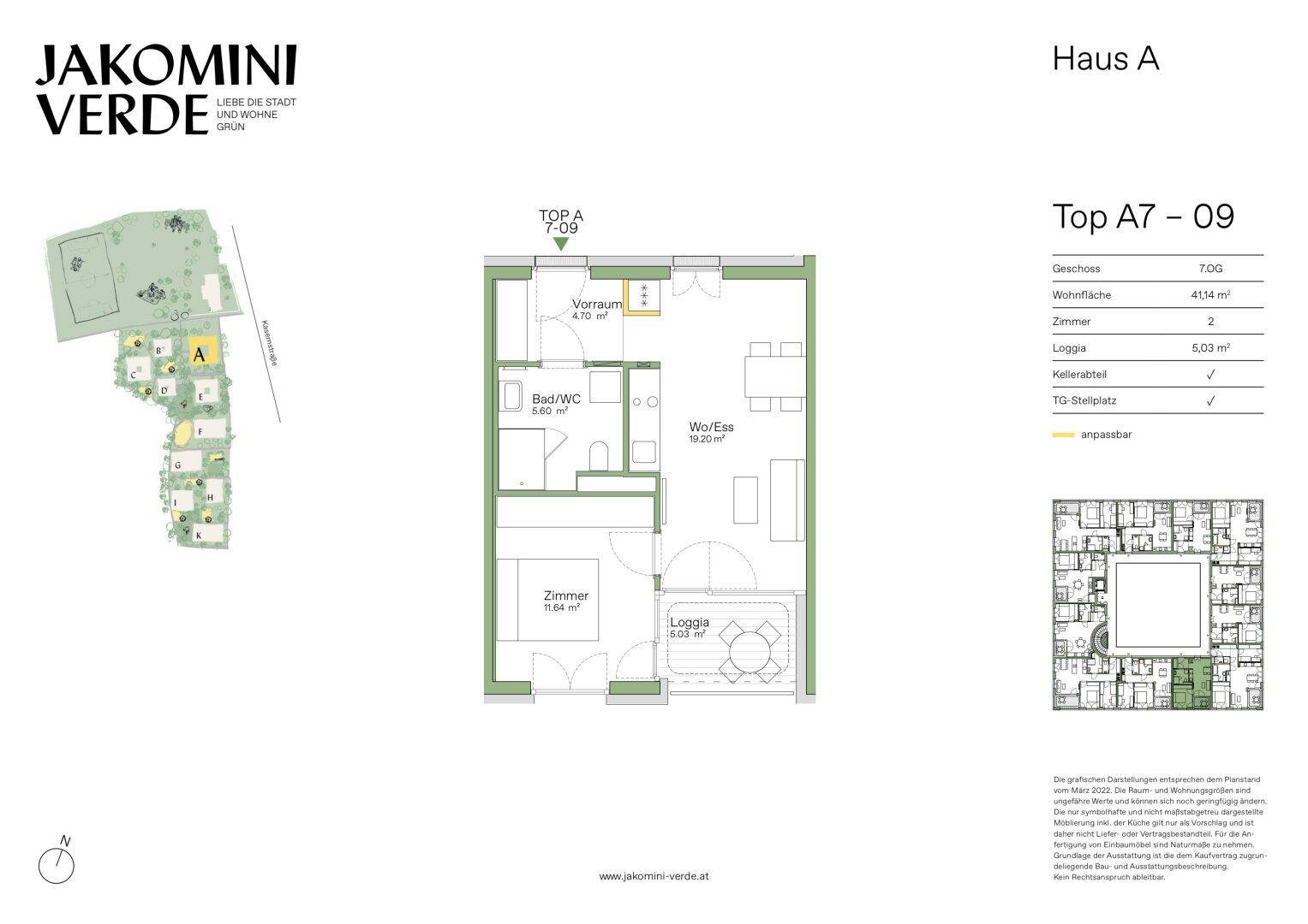 Detaillierter Grundriss einer Wohnung mit zwei Zimmern, Loggia und Bad/WC.