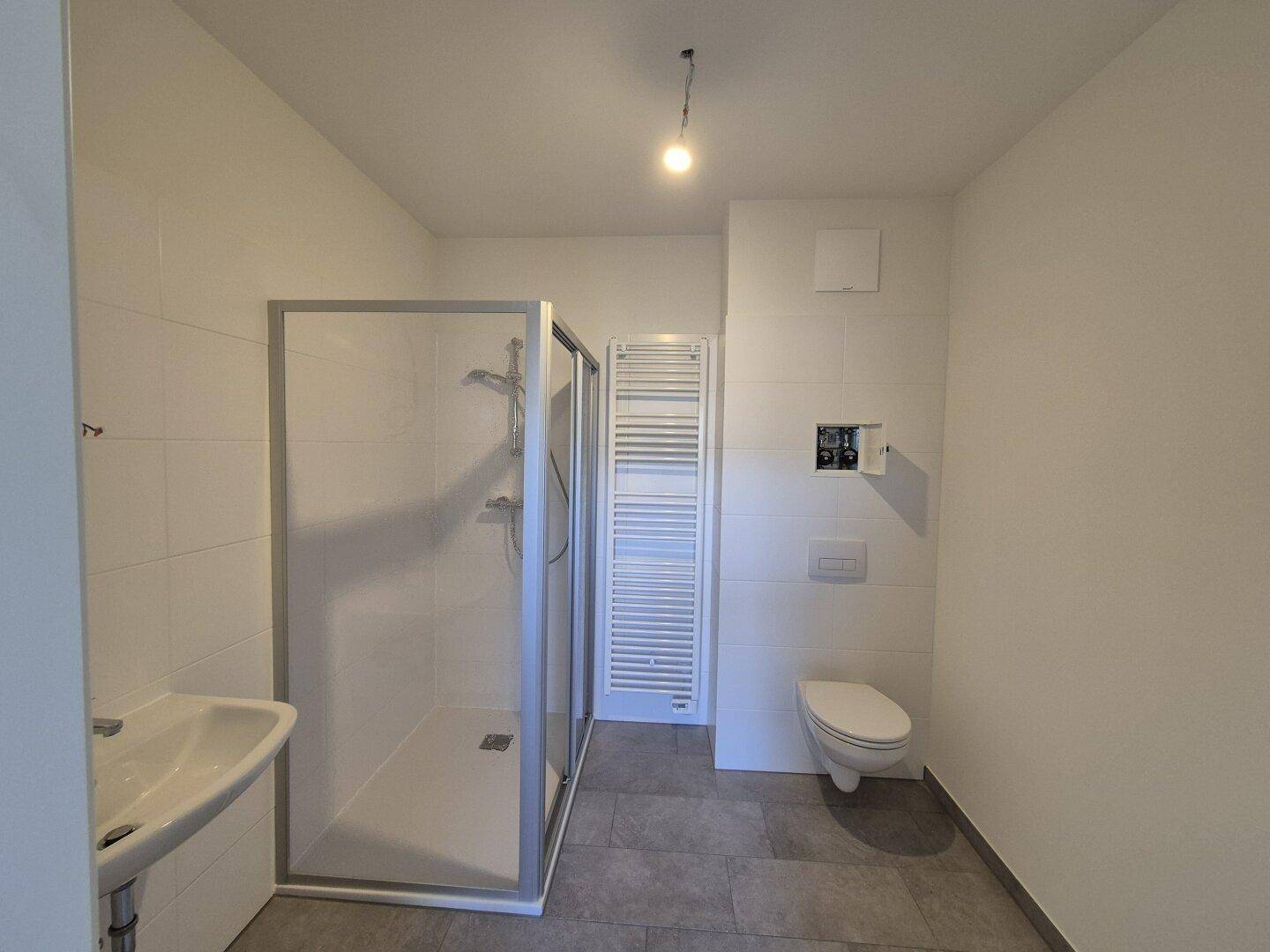 Modernes Badezimmer mit Duschkabine, wandhängendem WC und Handtuchheizkörper.