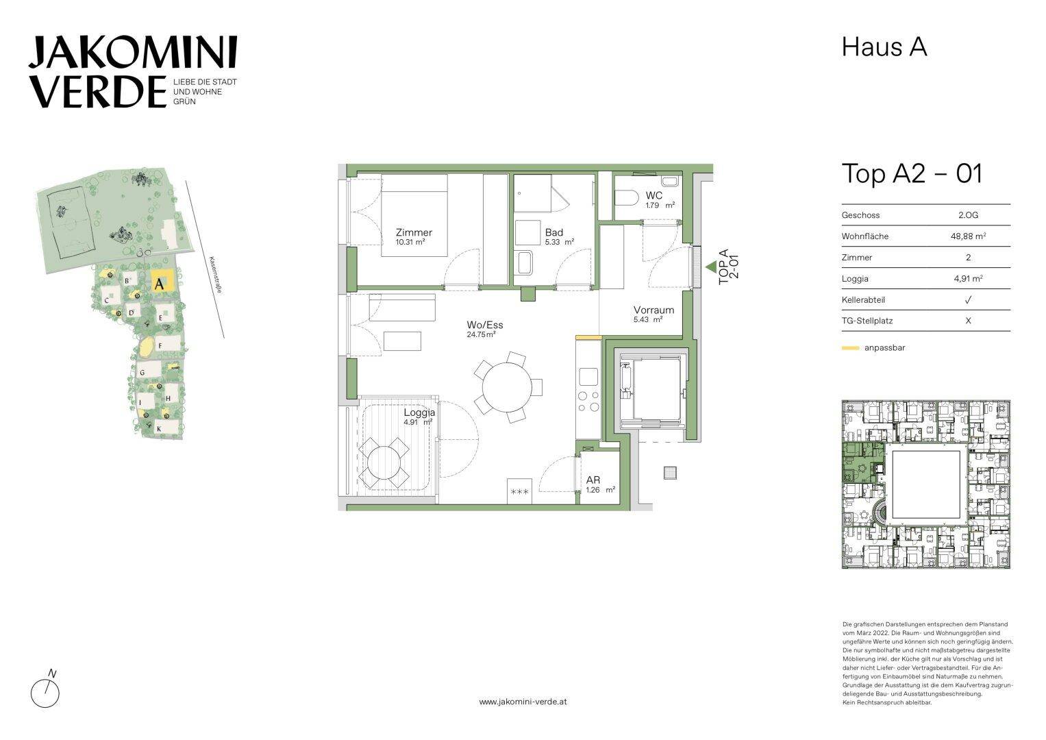 Grundriss einer Wohnung mit zwei Zimmern, Loggia und separatem WC.
