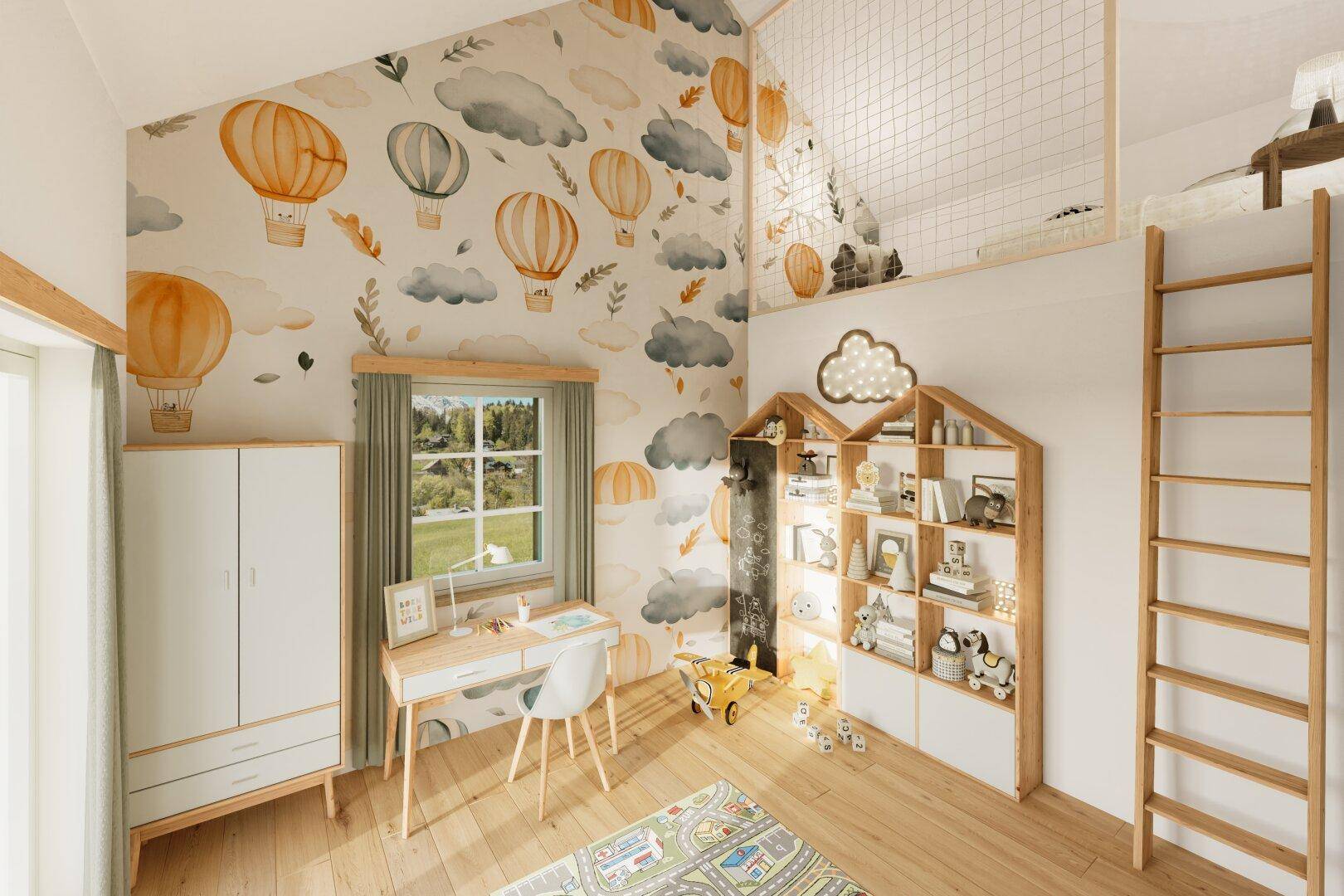 Freundliches Kinderzimmer mit verspielter Tapete, Hochbett und Schreibtisch, ideal für junge Bewohner.