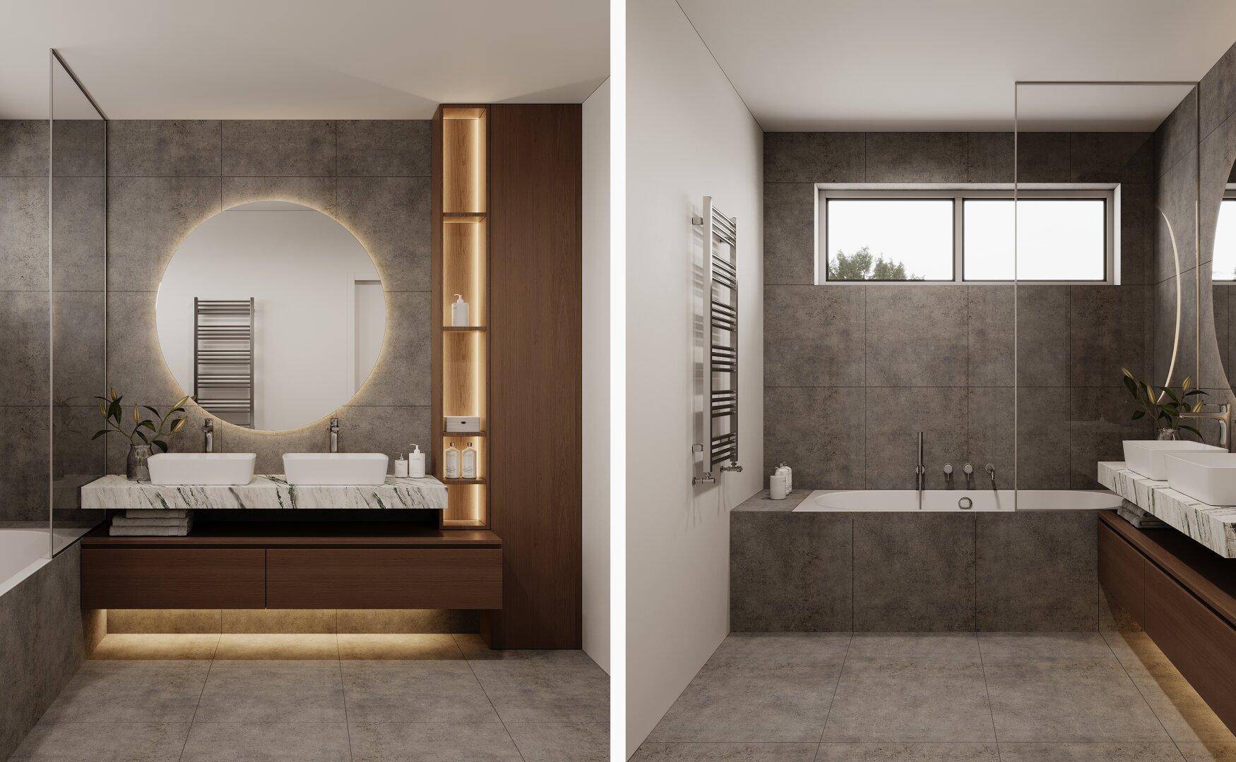 Modernes Badezimmer mit Doppelwaschbecken, beleuchtetem Spiegel und Badewanne.