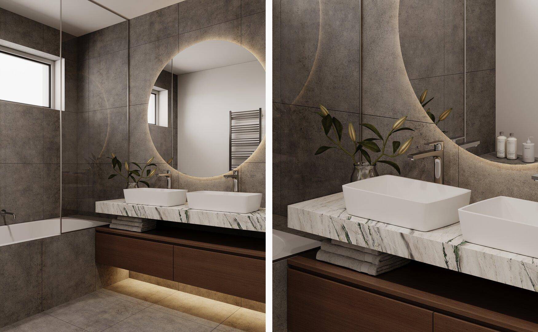 Elegantes Badezimmer mit Doppelwaschbecken, Marmorplatte und großem Rundspiegel.