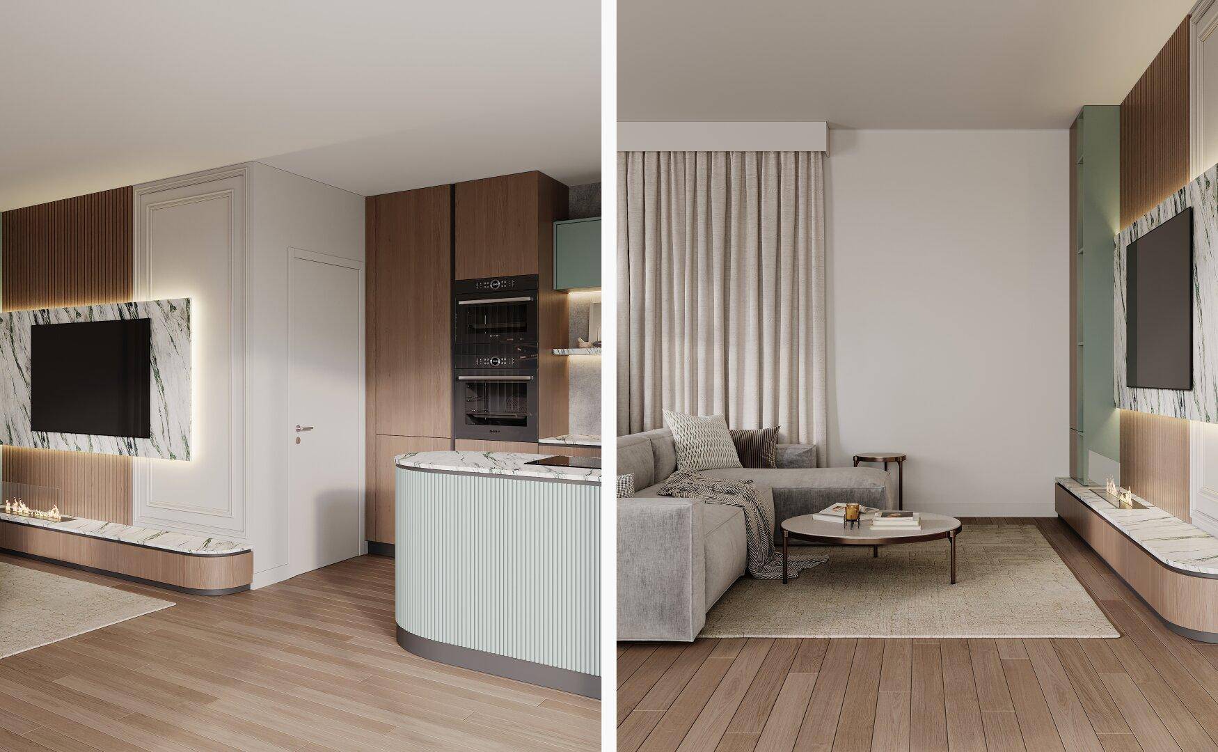 Offener Wohnbereich mit integrierter Küche, Holzboden und modernem Kamin.