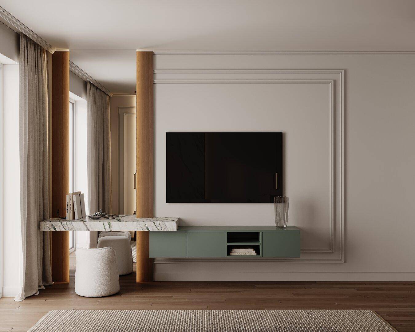 Heller Wohnbereich mit Holzboden, TV-Wand und modernem Schreibtischbereich.
