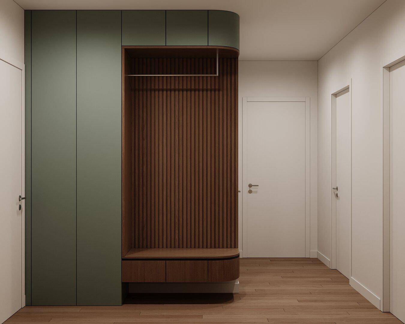 Eingangsbereich mit Holzboden, integrierter Garderobe und modernen Schränken.