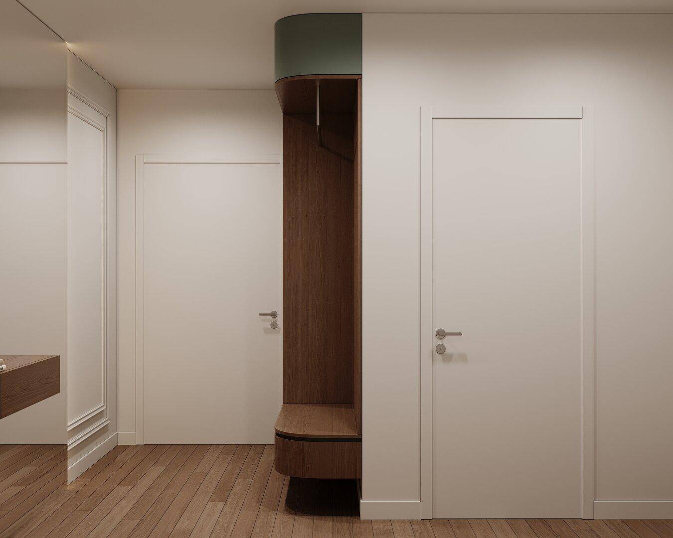 Heller Flur mit Holzboden und minimalistischem Design, der zu weiteren Räumen führt.
