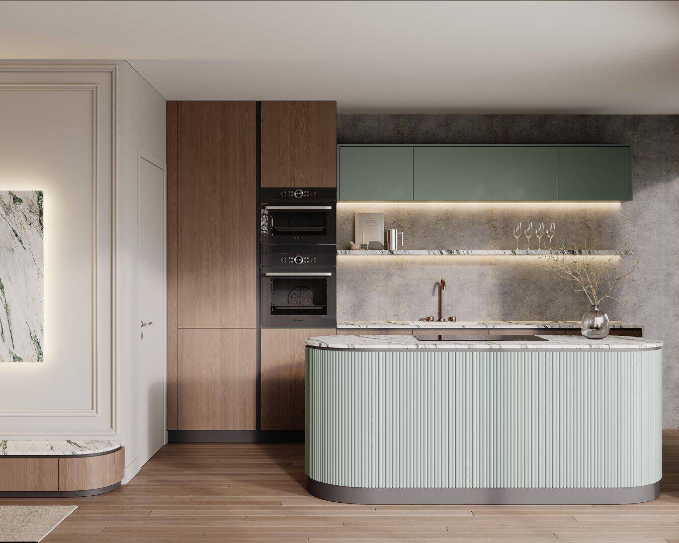Moderne Küche mit Holz- und grünen Fronten, Marmorarbeitsplatte und integrierten Geräten.