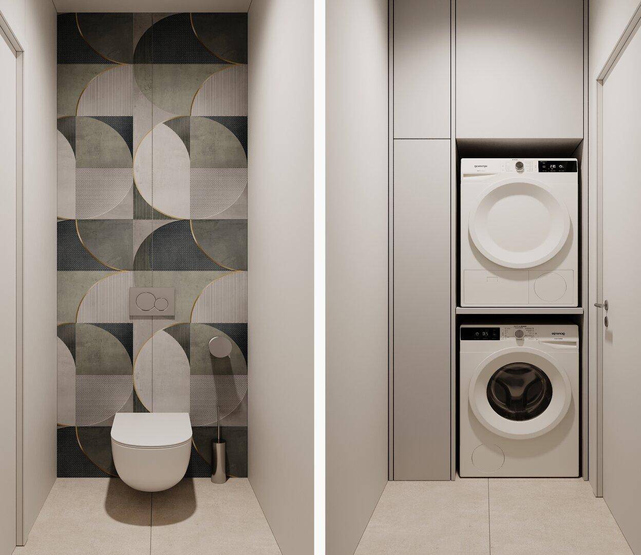 Modernes Gäste-WC mit stilvollen Fliesen und separatem Waschmaschinenbereich.