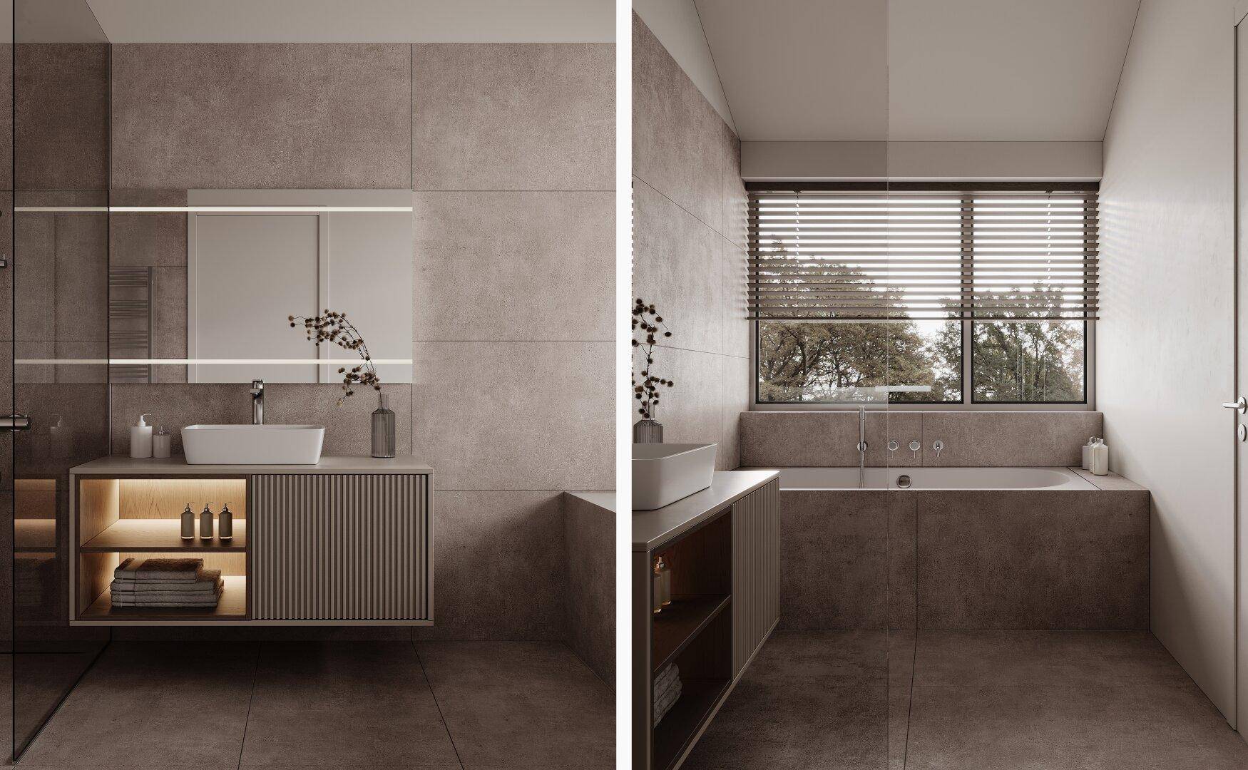 Modernes Badezimmer mit Einzelwaschbecken, Badewanne und Fenster für natürliches Licht.