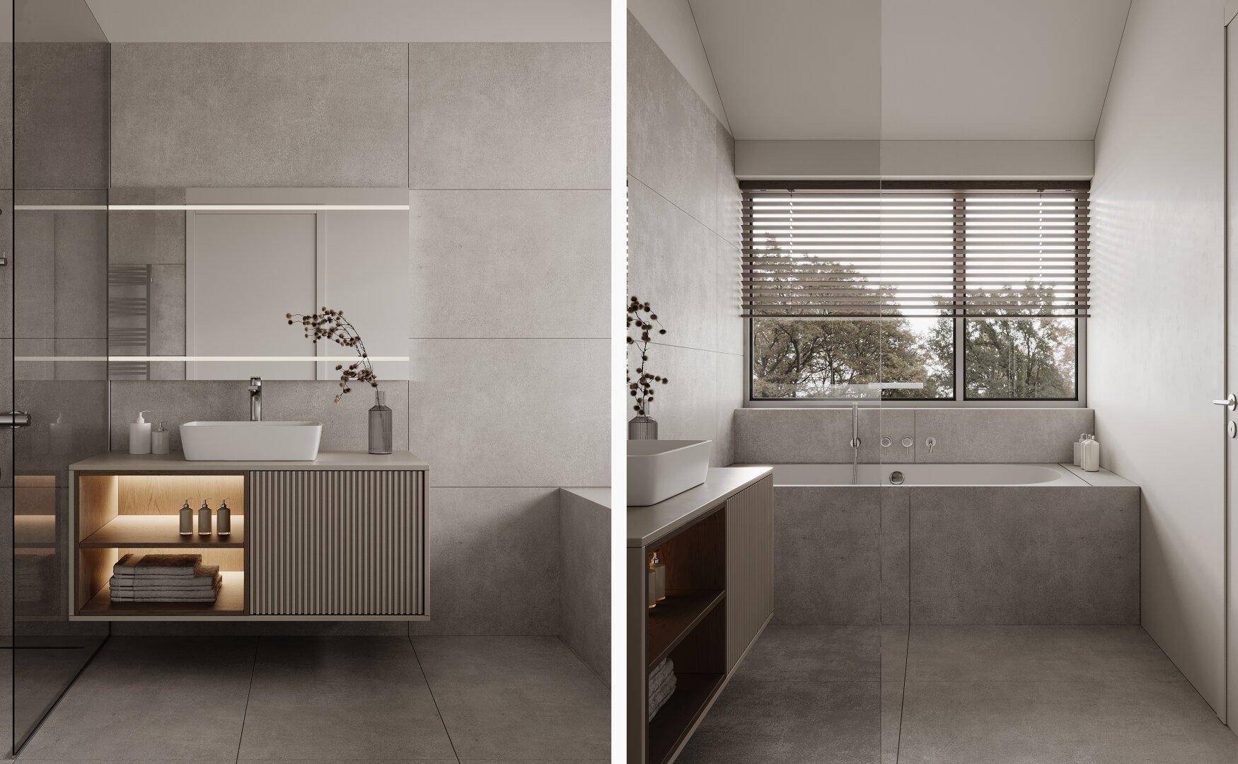 Stilvolles Badezimmer mit Badewanne, Einzelwaschbecken und großem Fenster für Tageslicht.