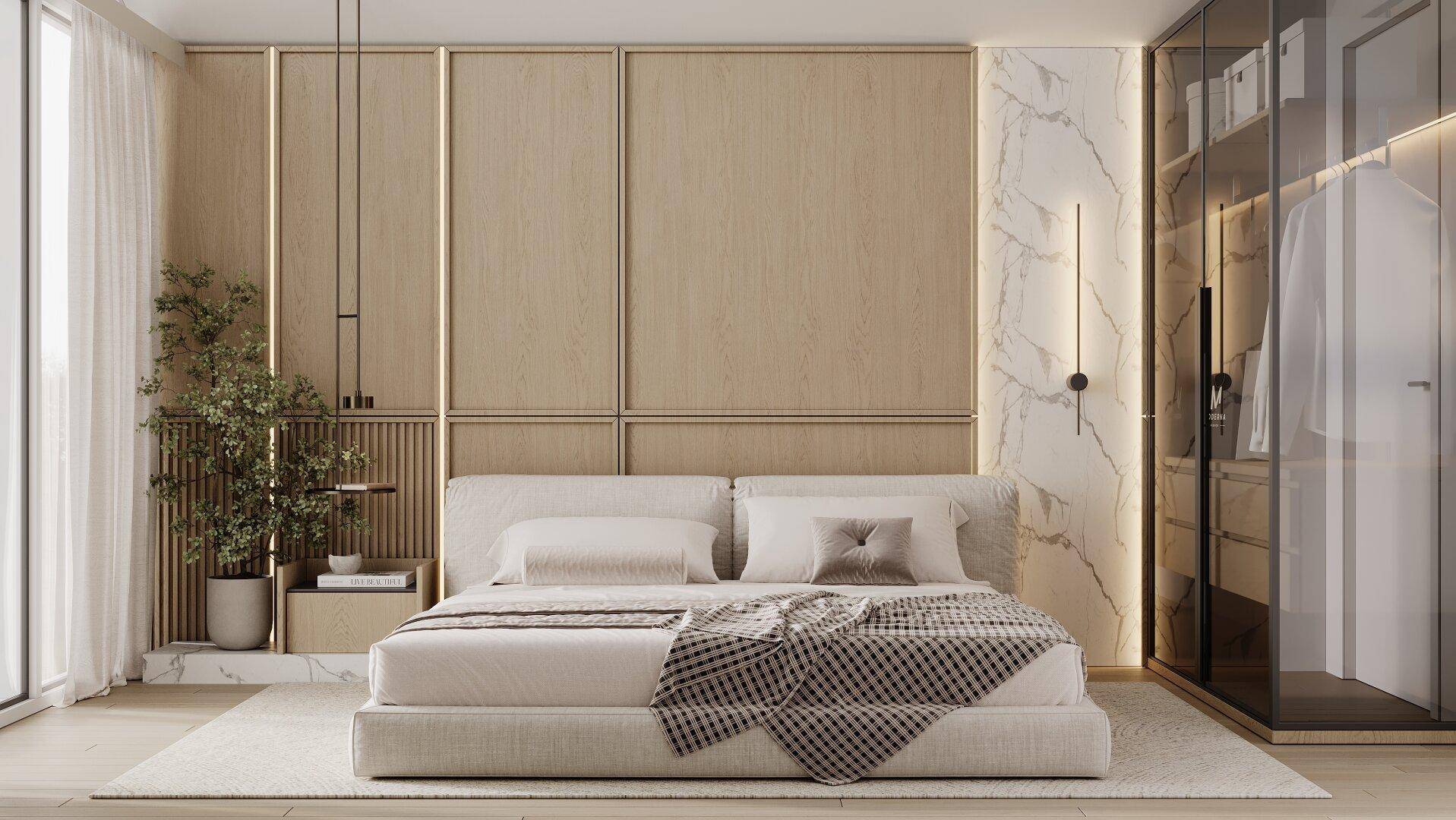 Elegantes Schlafzimmer mit modernem Design, Holzwandverkleidung und integriertem Kleiderschrank.