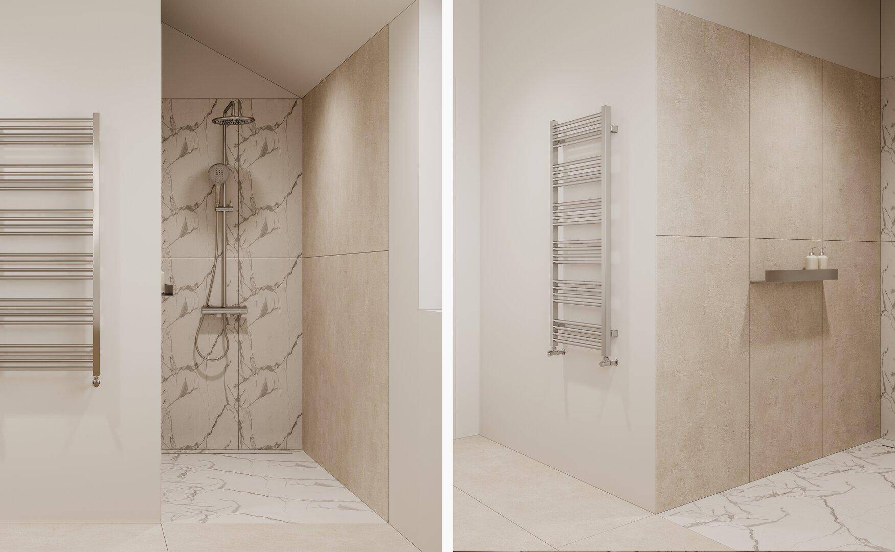 Modernes Badezimmer mit Duschbereich, beheiztem Handtuchhalter und Marmorfliesen.