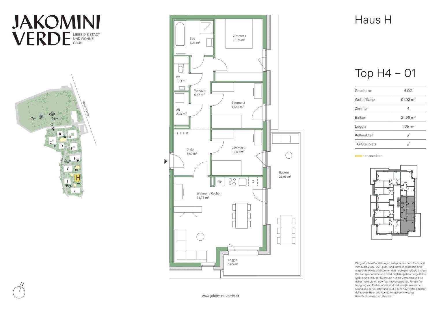Grundriss der Wohnung Top H4-01 mit drei Zimmern, Balkon und Loggia.