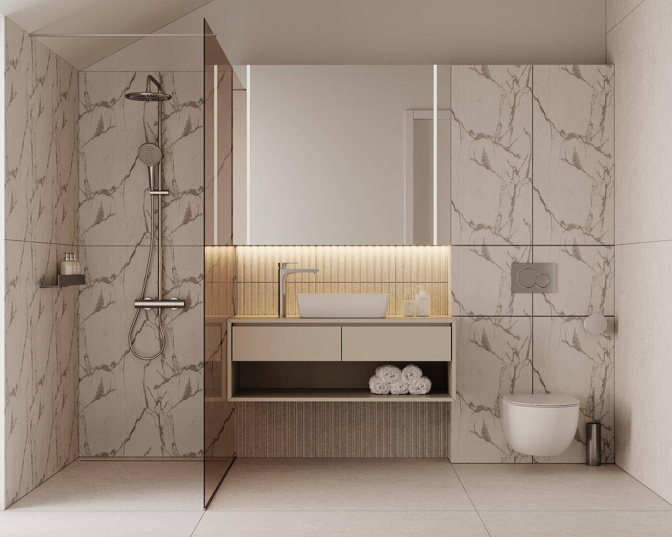 Elegantes Badezimmer mit wandhängendem WC, Einzelwaschbecken und Marmorfliesen.