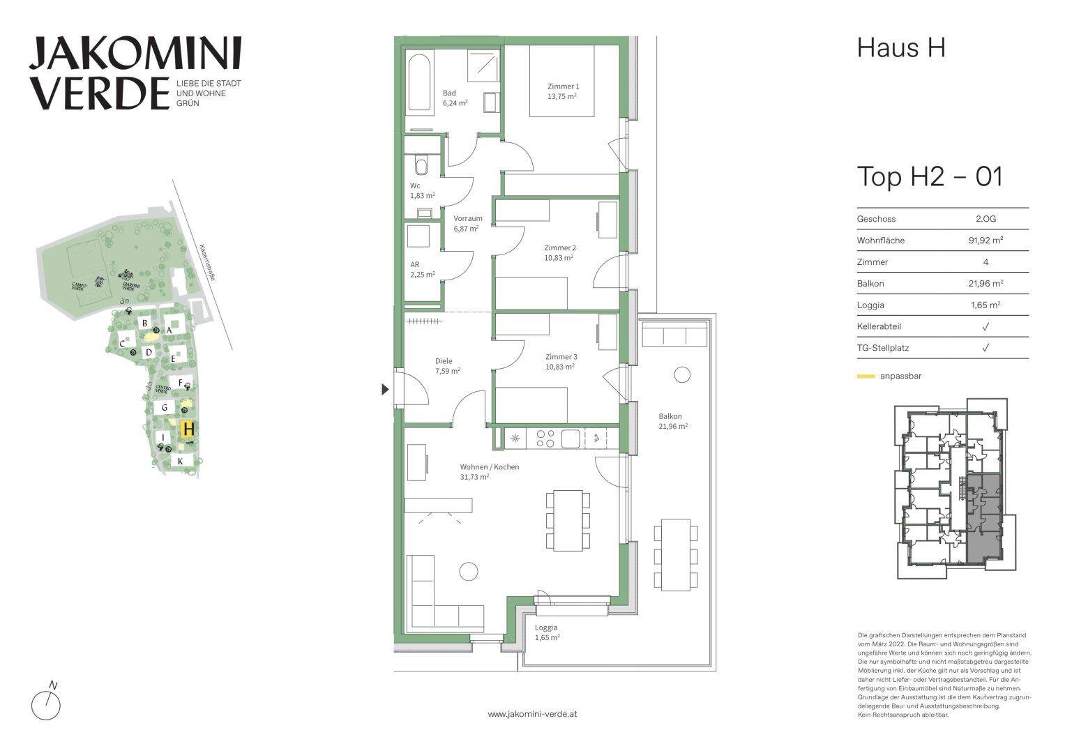 Grundriss von Haus H, Top H2-01, mit Wohn-/Küchenbereich, drei Zimmern, Bad, WC, Balkon und Loggia.