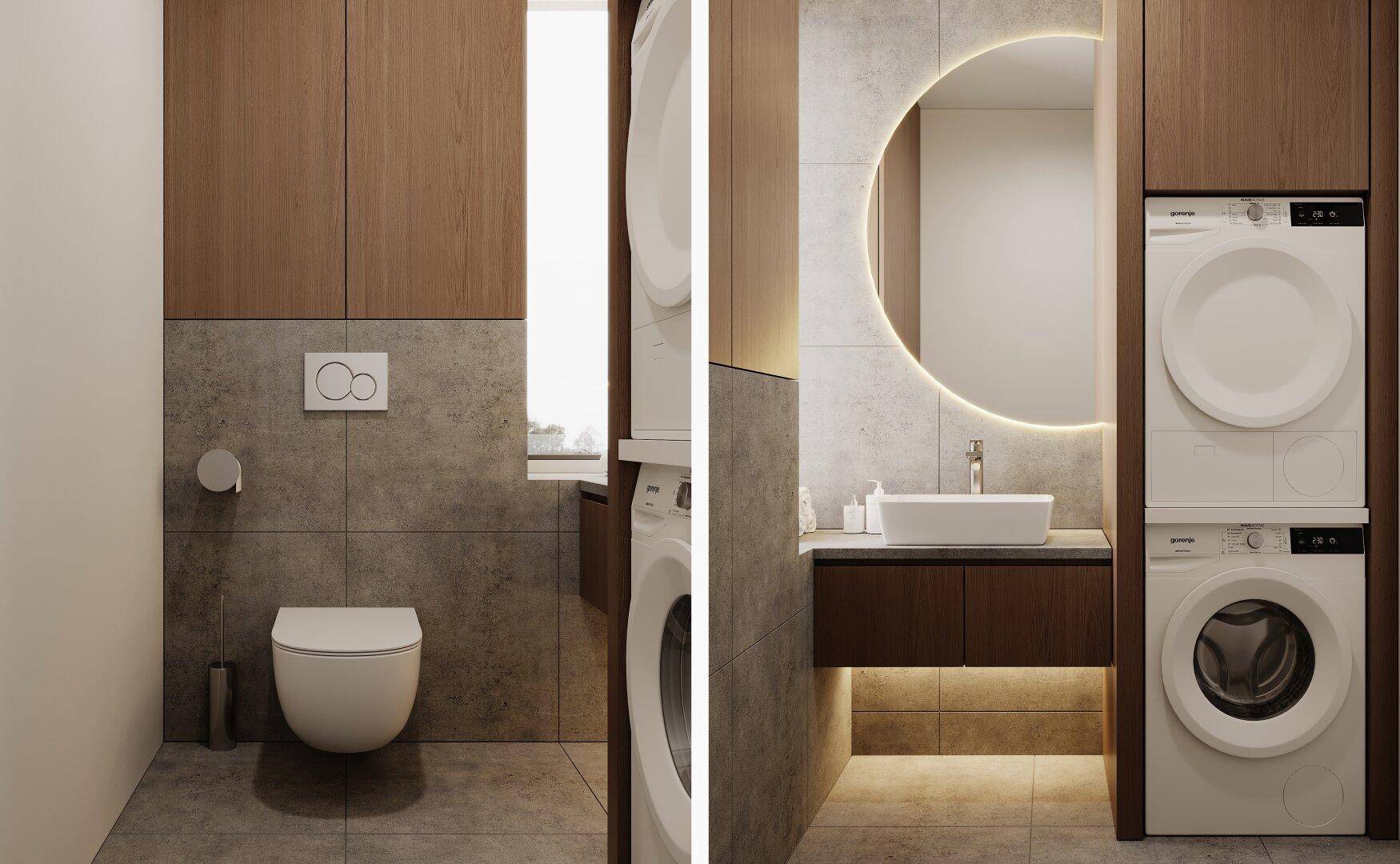 Modernes WC mit wandhängender Toilette und integriertem Waschmaschinen-Trockner-Turm.