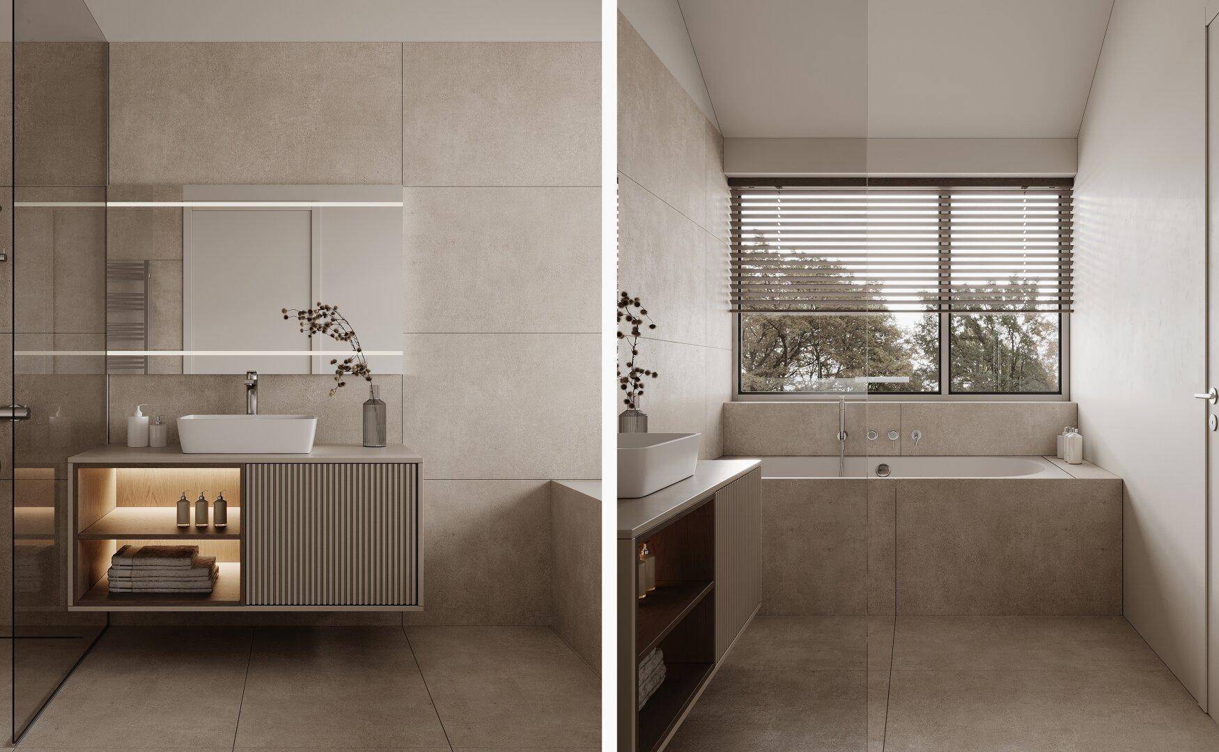 Modernes Badezimmer mit schwebendem Waschtisch, Dusche und Badewanne unter dem Fenster.
