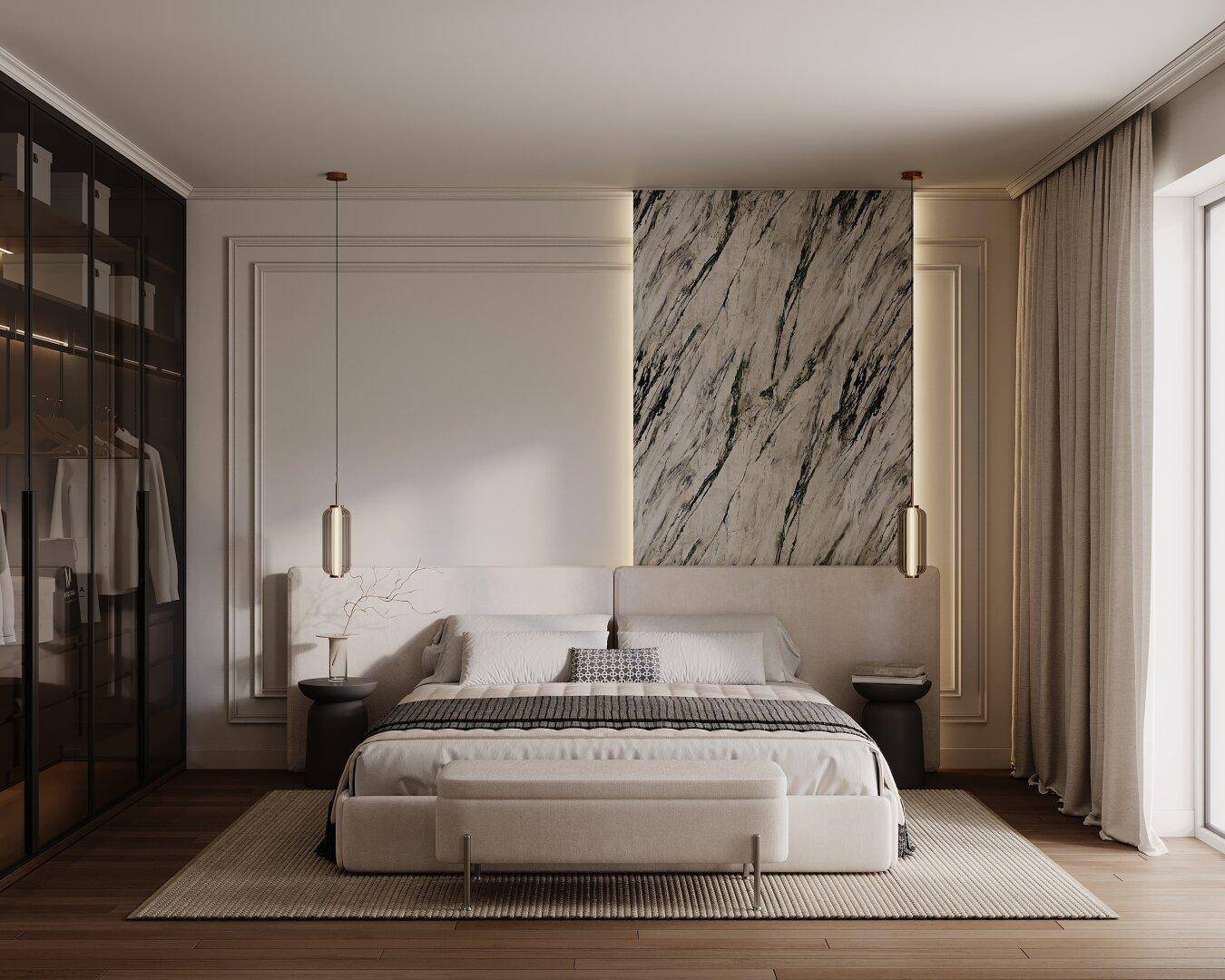 Luxuriöses Schlafzimmer mit großem Bett, Marmorwand und elegantem Glas-Kleiderschrank.