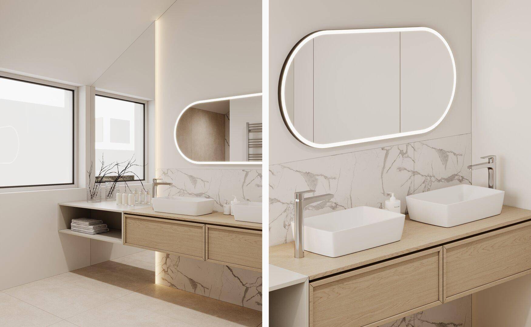 Helles Badezimmer mit Doppelwaschbecken, großen Spiegeln und Fenster für natürliches Licht.