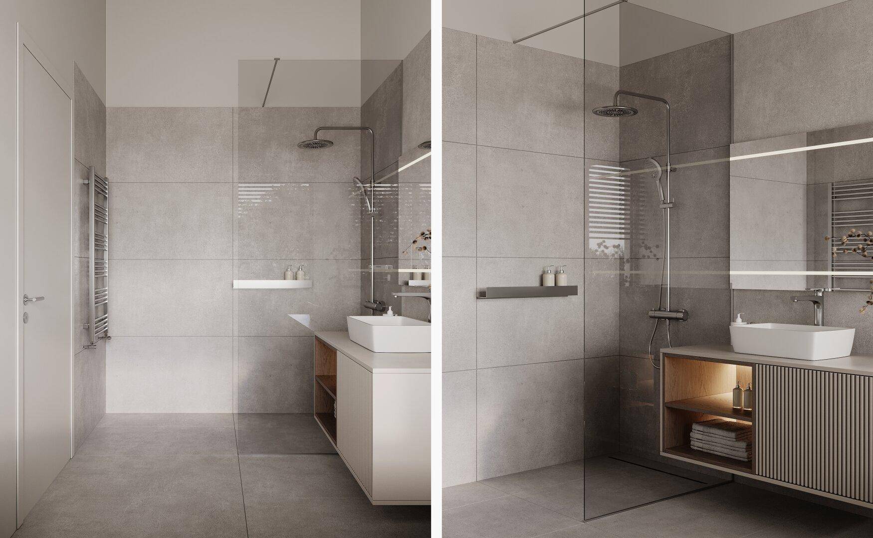 Helles Badezimmer mit großformatigen grauen Fliesen, begehbarer Dusche und modernem Waschtisch.
