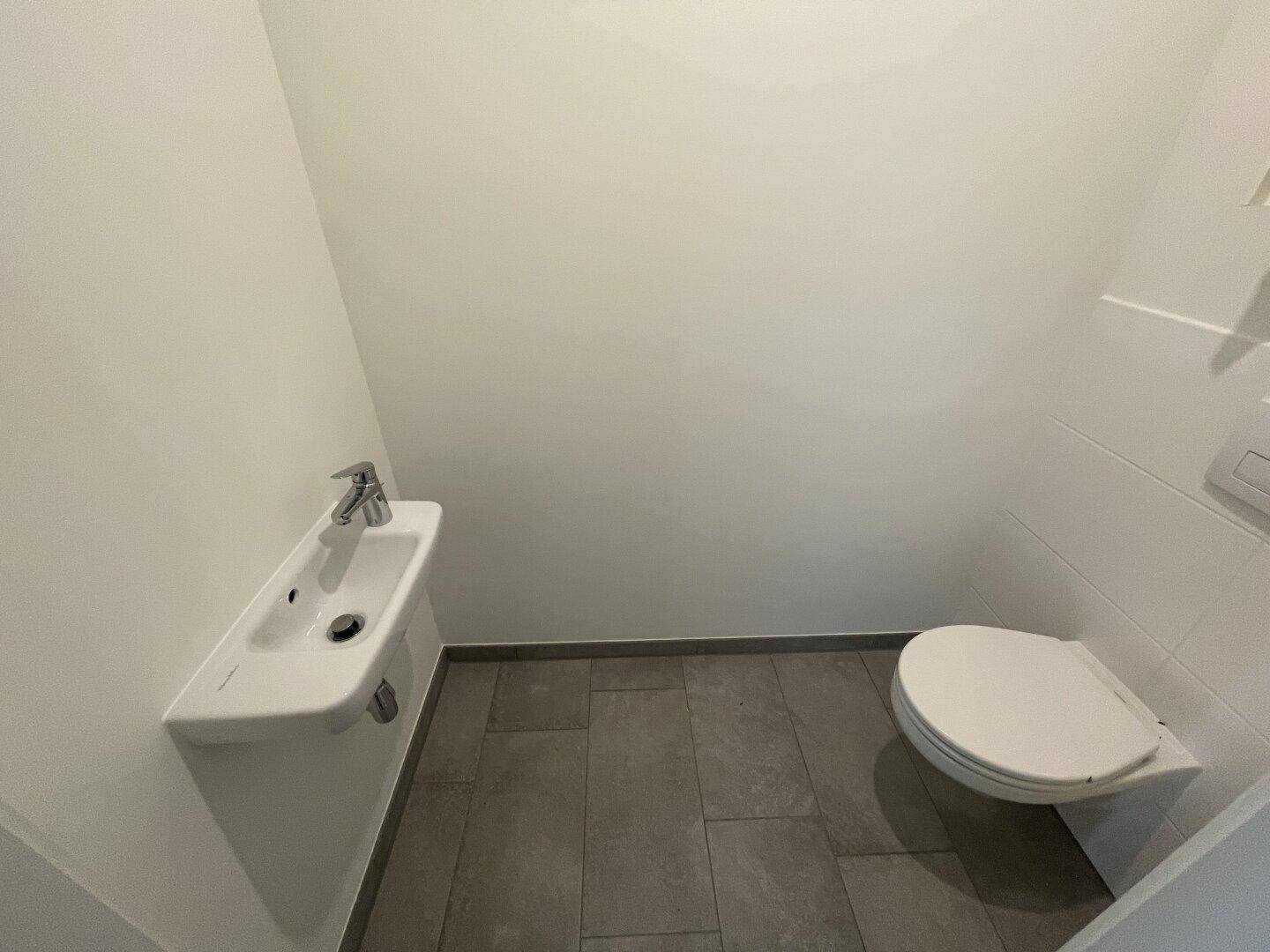 Kleines Gäste-WC mit wandhängender Toilette und einem kompakten Waschbecken, praktisch und modern.