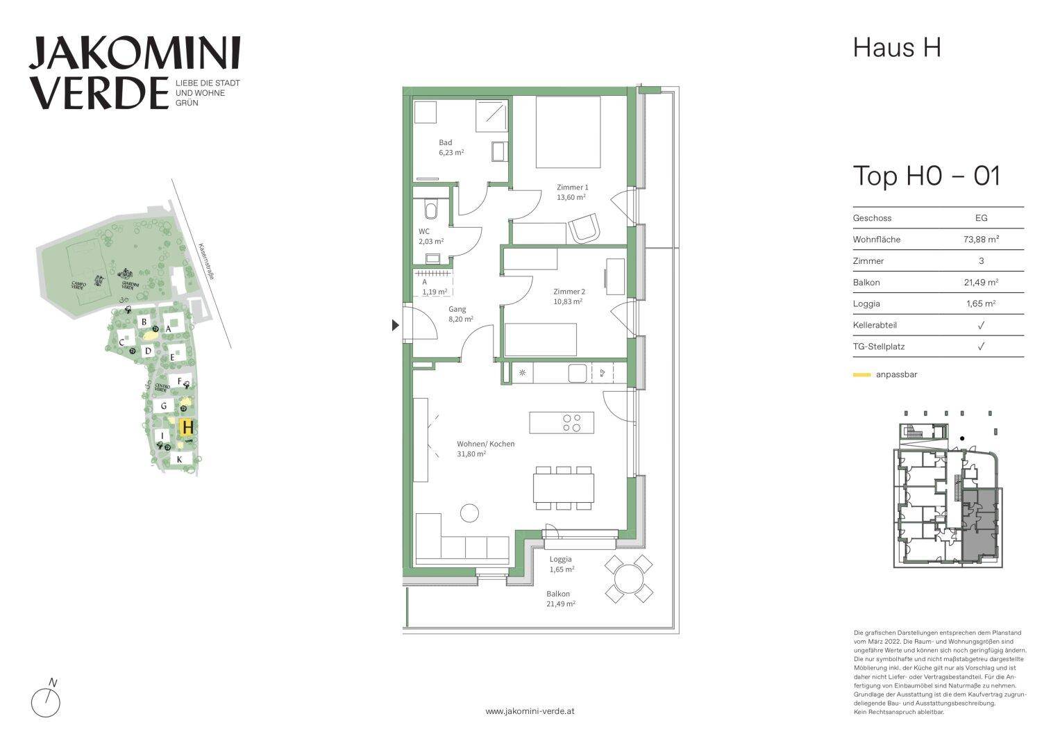 Detaillierter Grundriss einer Wohnung mit drei Zimmern, Balkon und Loggia, gut strukturiert.
